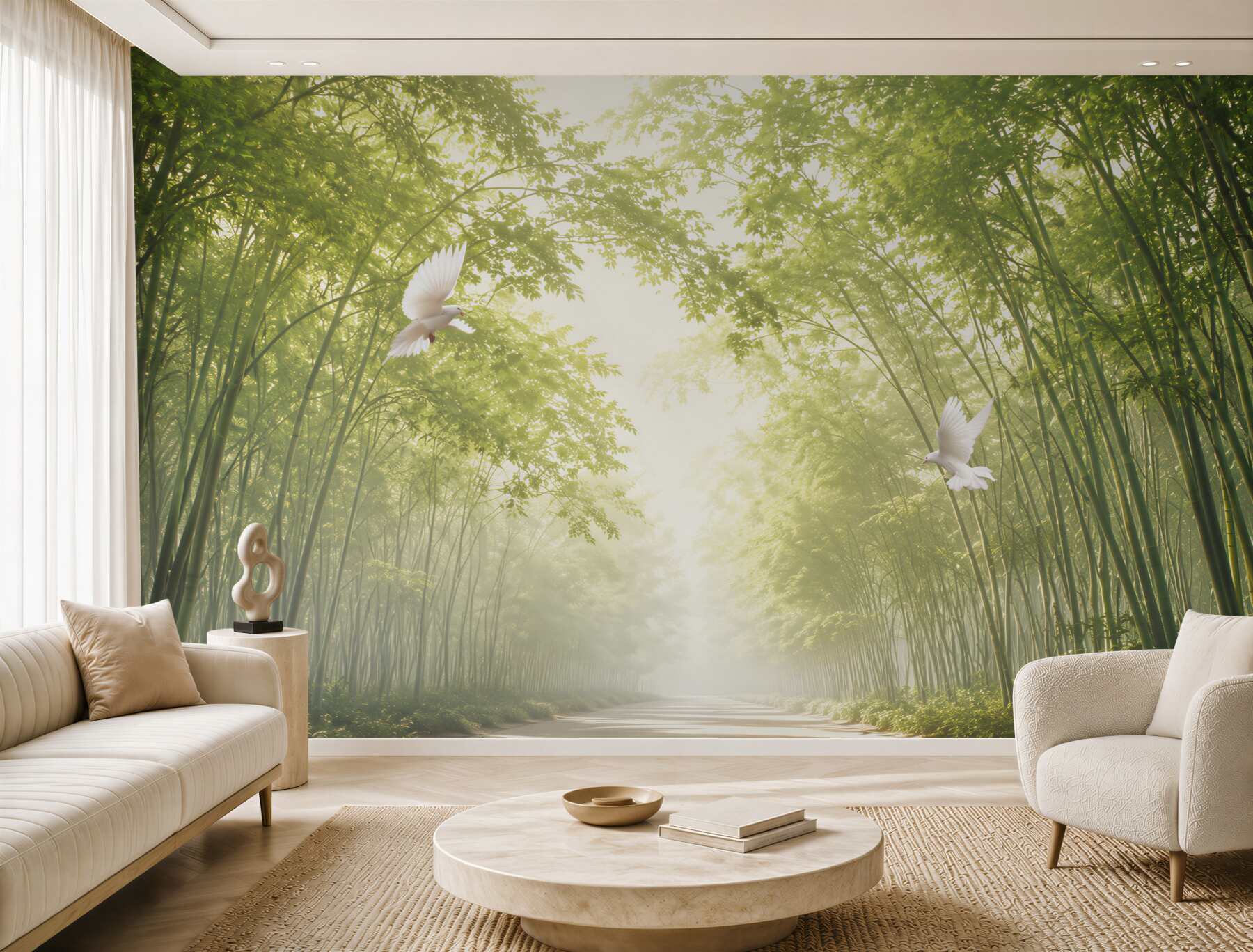 Fototapeta wejście do zielonego ogrodu botanicznego z gołębiami?v23