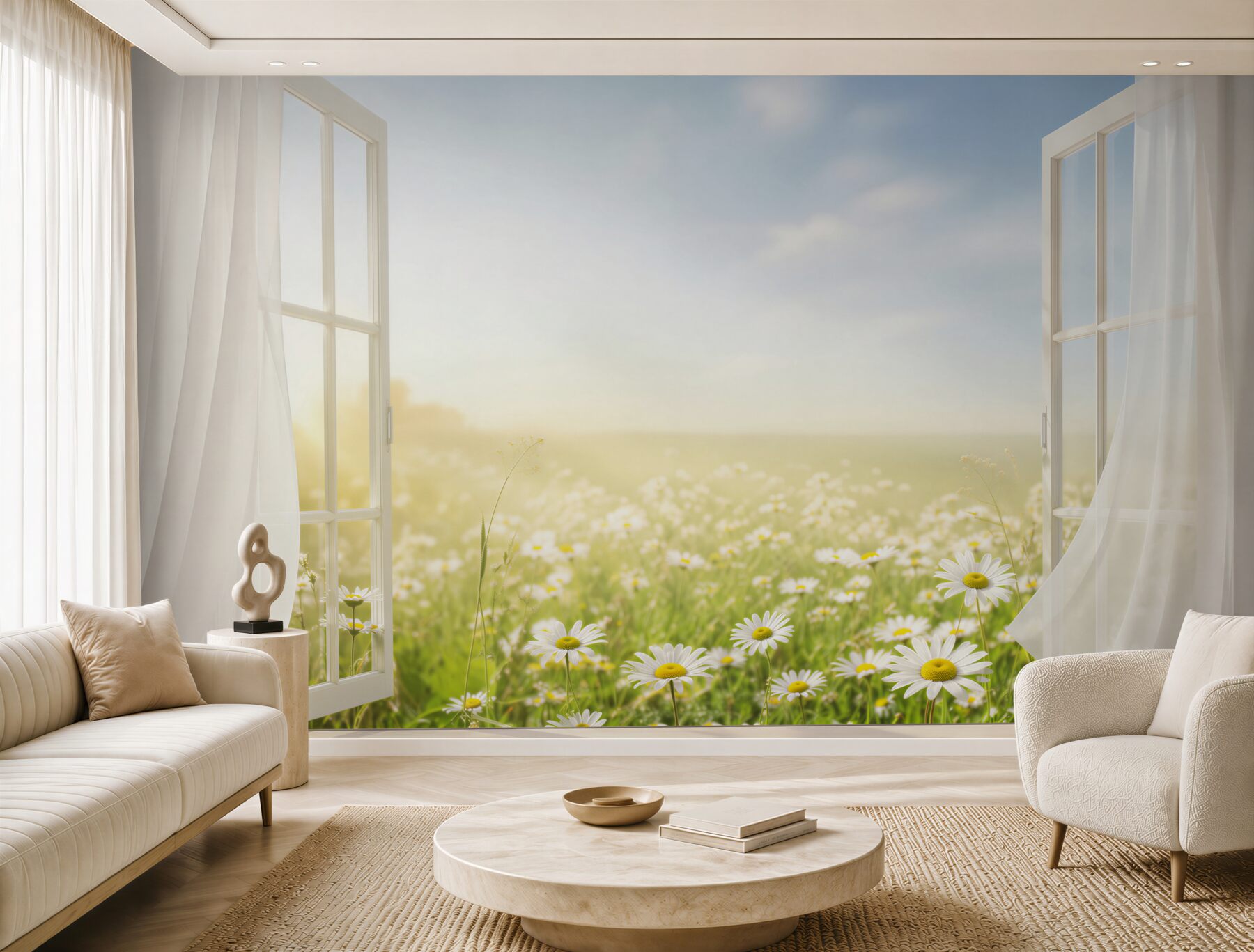Fototapeta łąka stokrotek przy oknie?v23