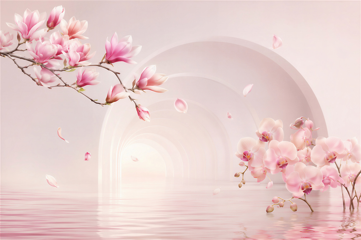 Fototapeta jasne różowe kwiaty magnolii i orchidee