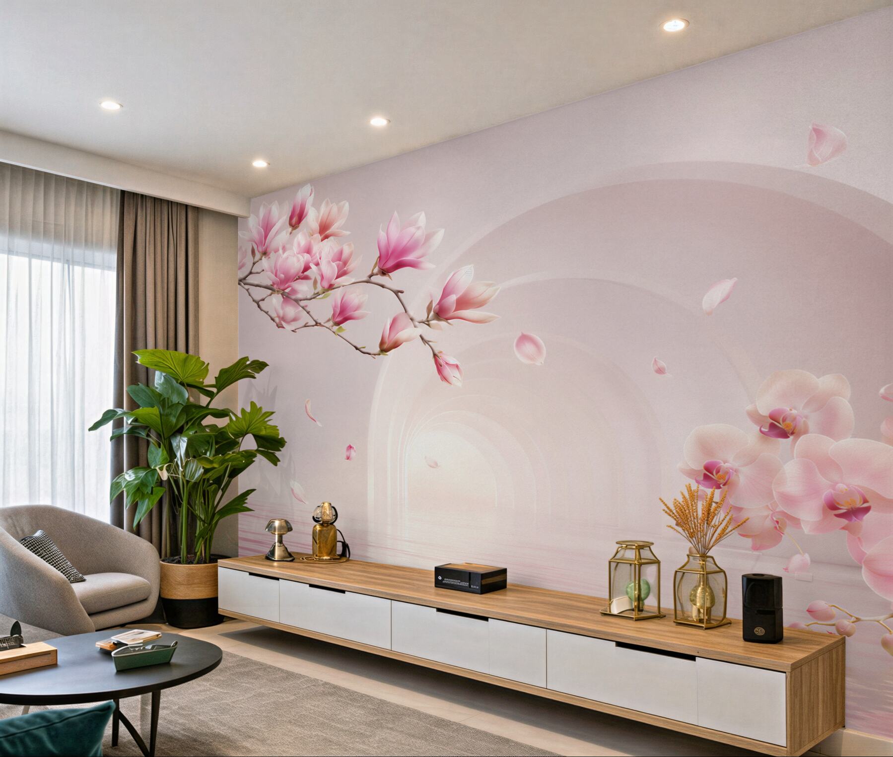 Fototapeta jasne różowe kwiaty magnolii i orchidee?v23