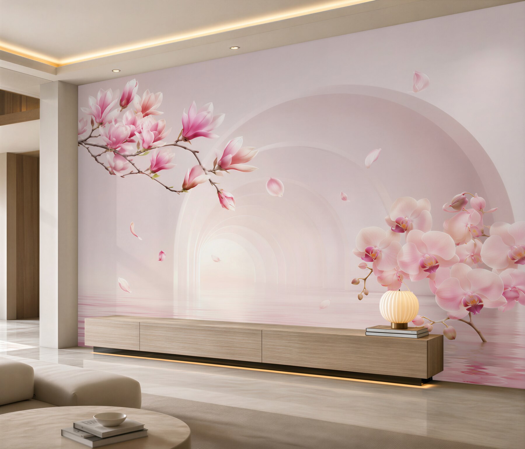 Fototapeta jasne różowe kwiaty magnolii i orchidee?v23