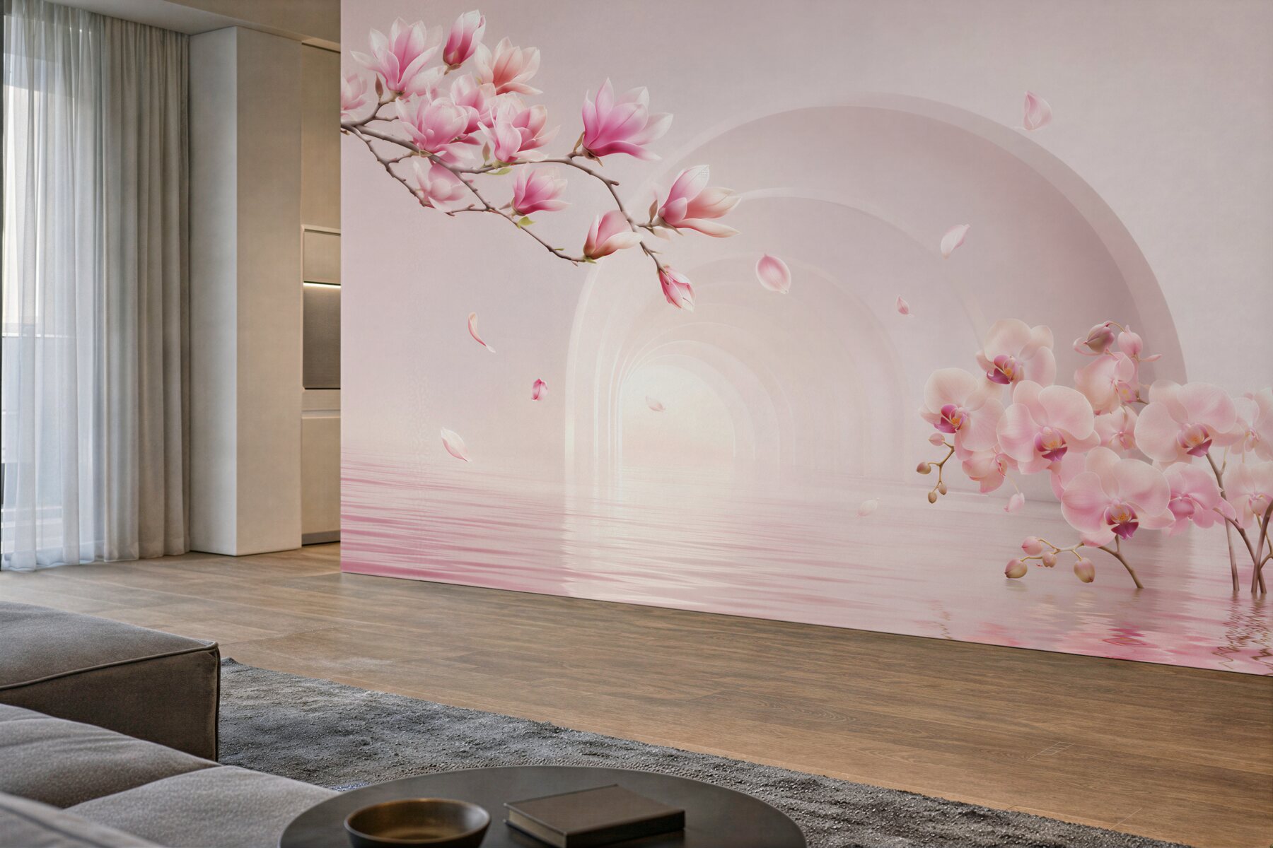 Fototapeta jasne różowe kwiaty magnolii i orchidee?v23