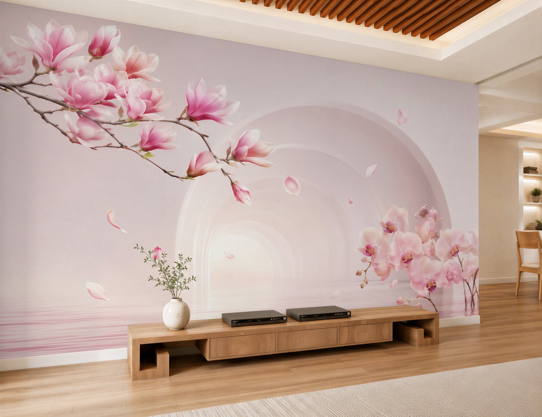 Fototapeta jasne różowe kwiaty magnolii i orchidee?v23