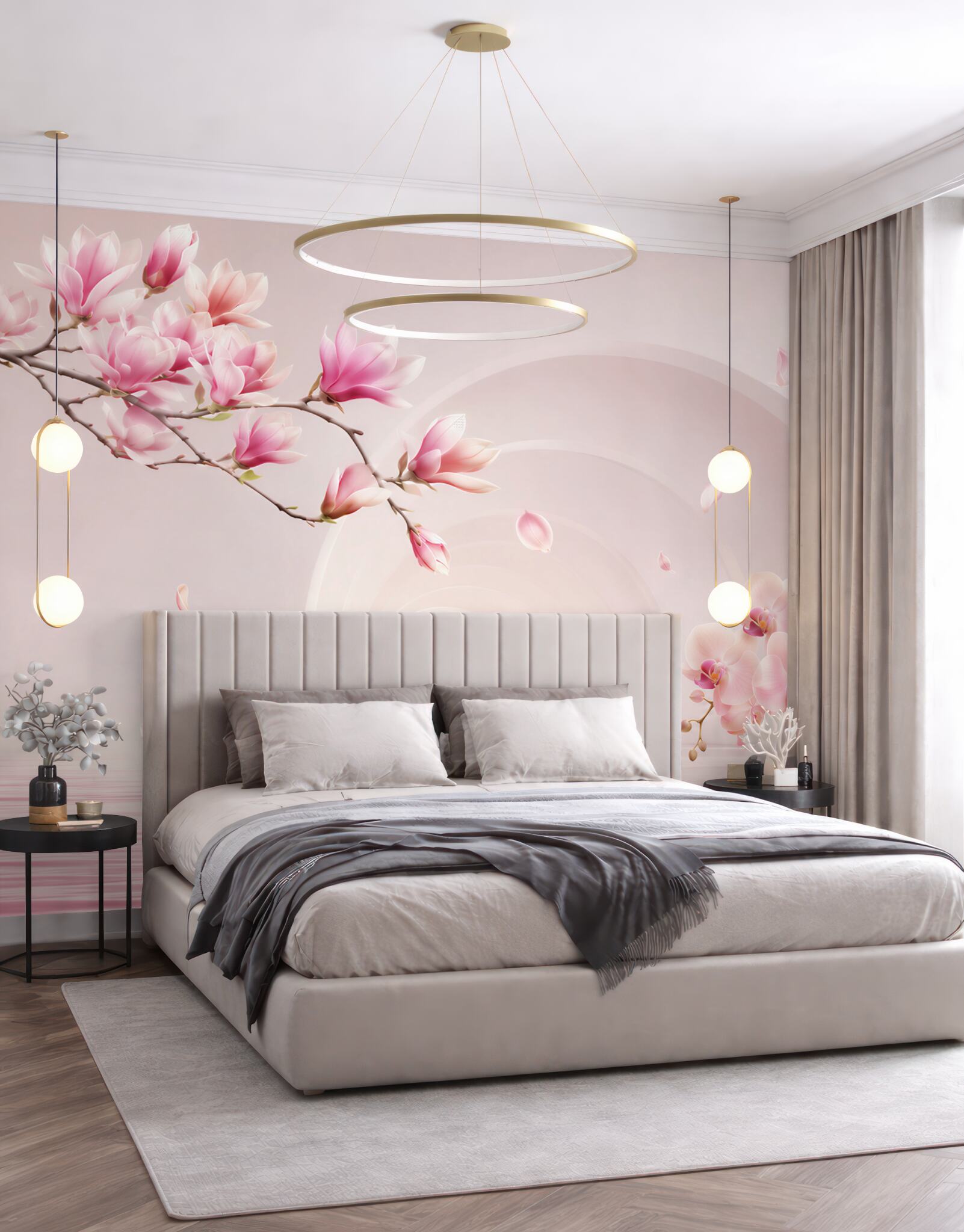 Fototapeta jasne różowe kwiaty magnolii i orchidee?v23