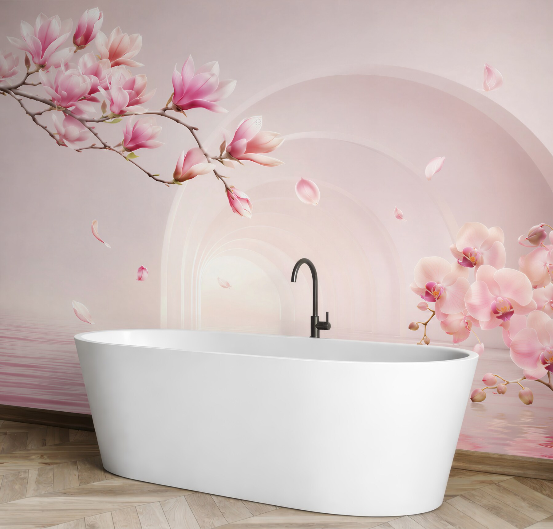 Fototapeta jasne różowe kwiaty magnolii i orchidee?v23