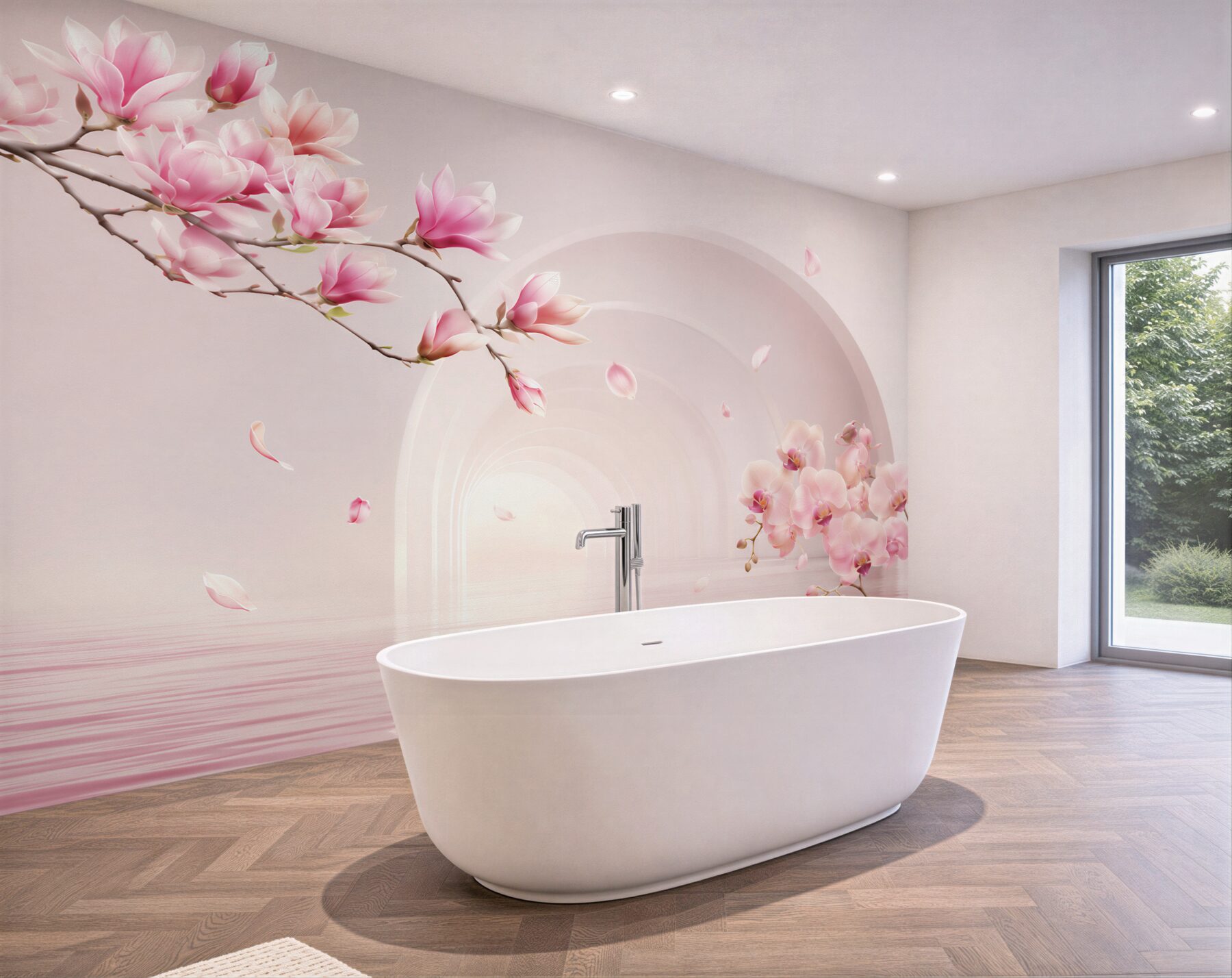 Fototapeta jasne różowe kwiaty magnolii i orchidee?v23