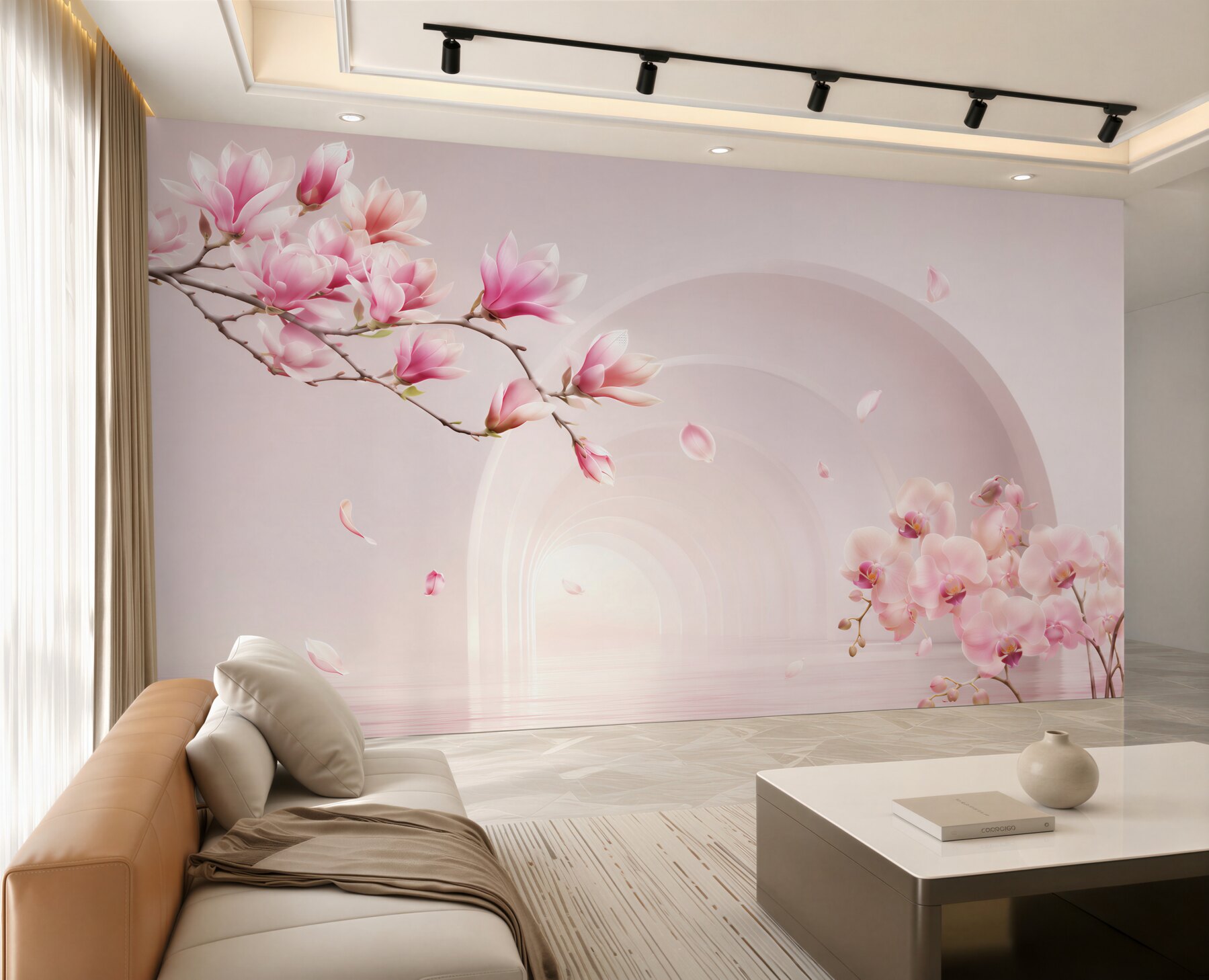 Fototapeta jasne różowe kwiaty magnolii i orchidee?v23