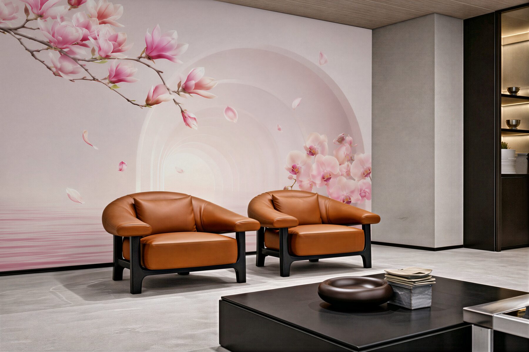 Fototapeta jasne różowe kwiaty magnolii i orchidee?v23