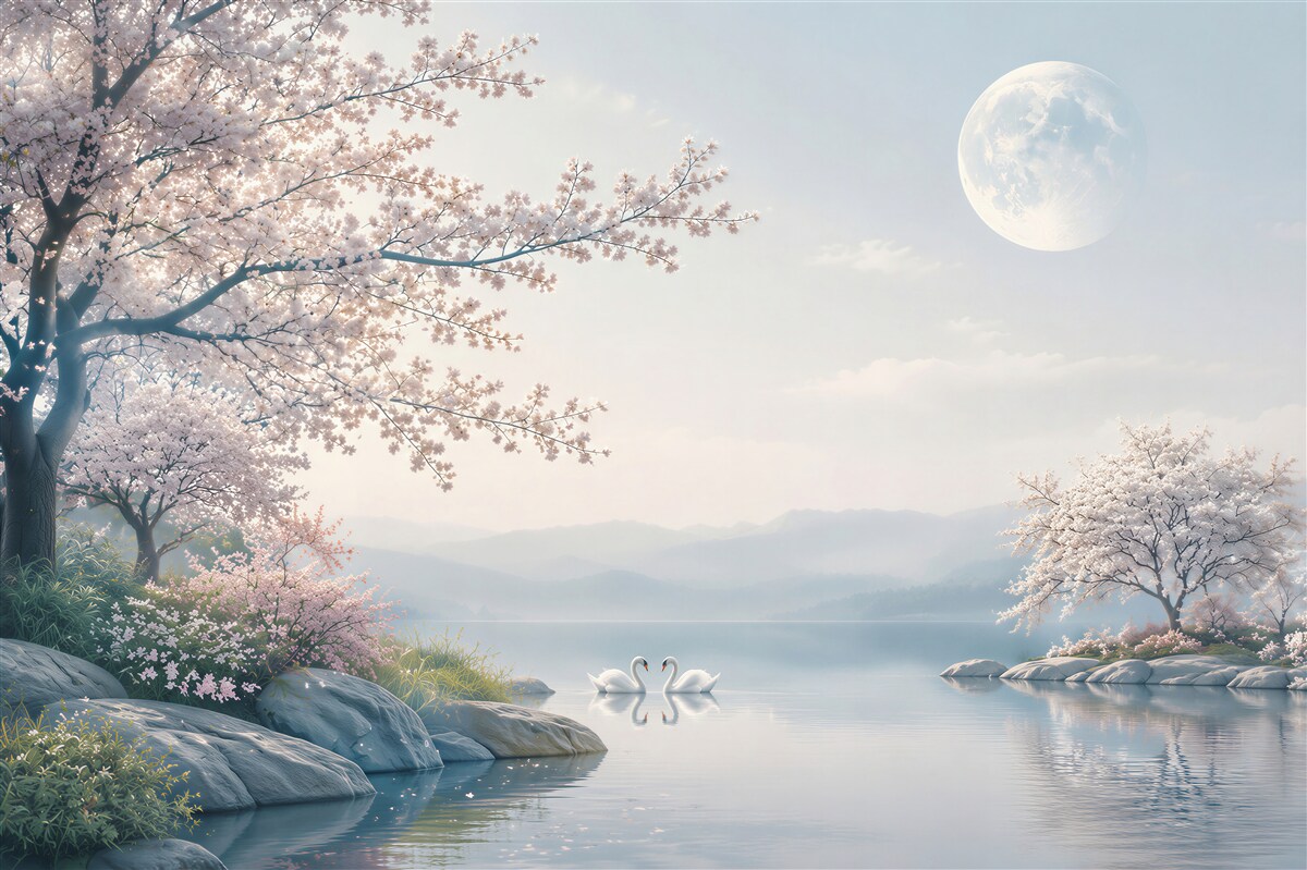 Fototapeta bajkowy księżyc w kwitnącym ogrodzie sakura