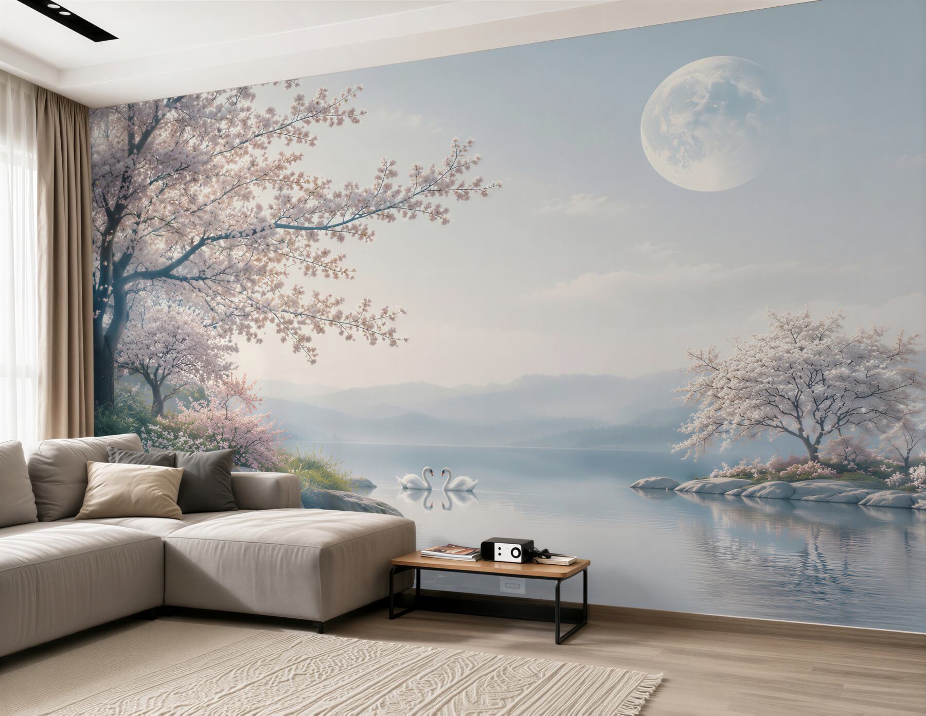 Fototapeta bajkowy księżyc w kwitnącym ogrodzie sakura