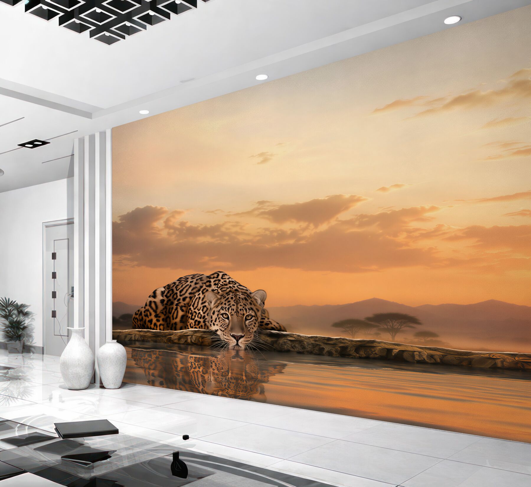 Fototapeta lampart w odbiciu o zachodzie słońca?v23