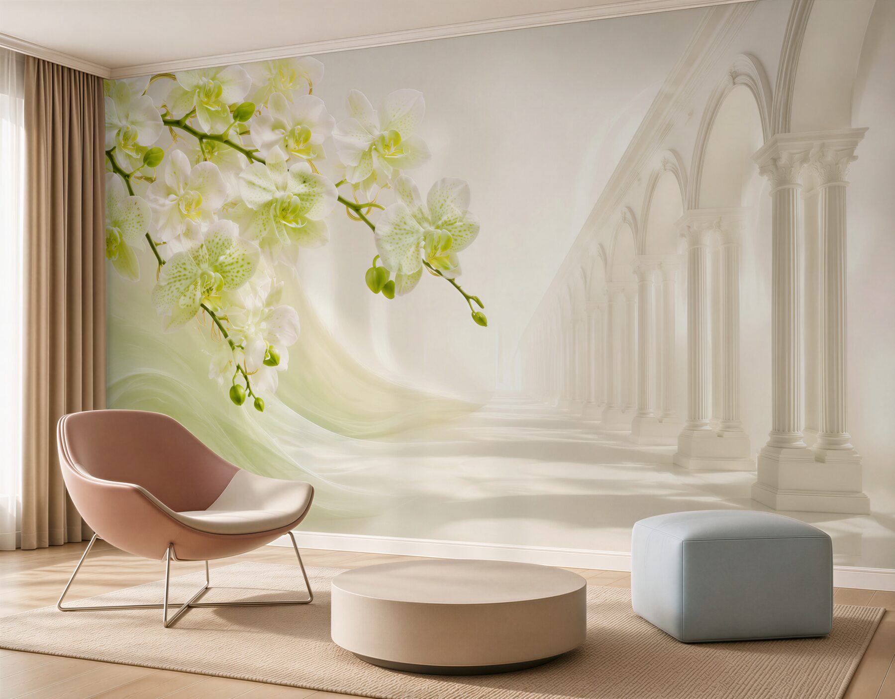 Fototapeta biało-zielone orchidee na tle białych kolumn?v23