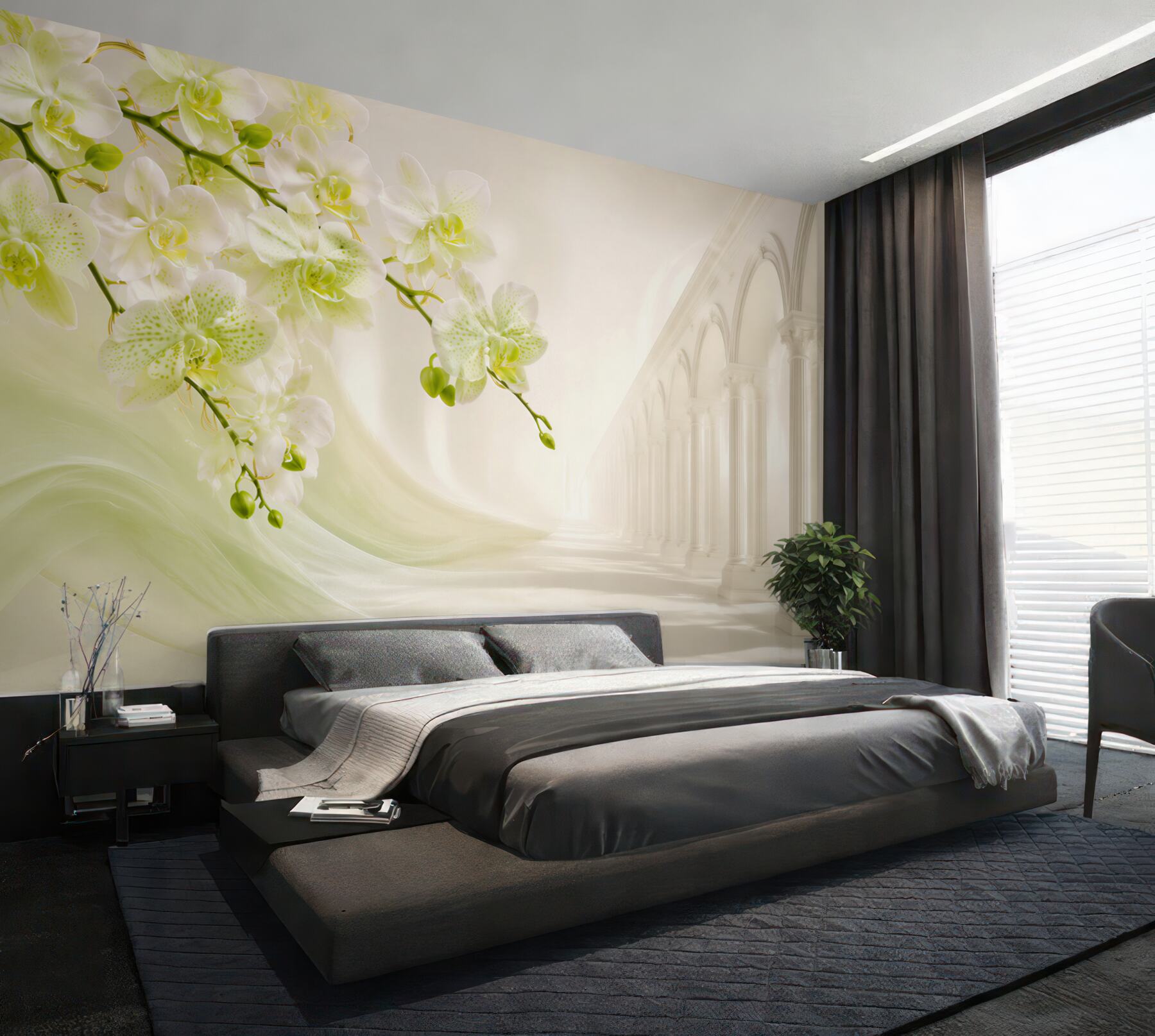 Fototapeta biało-zielone orchidee na tle białych kolumn?v23