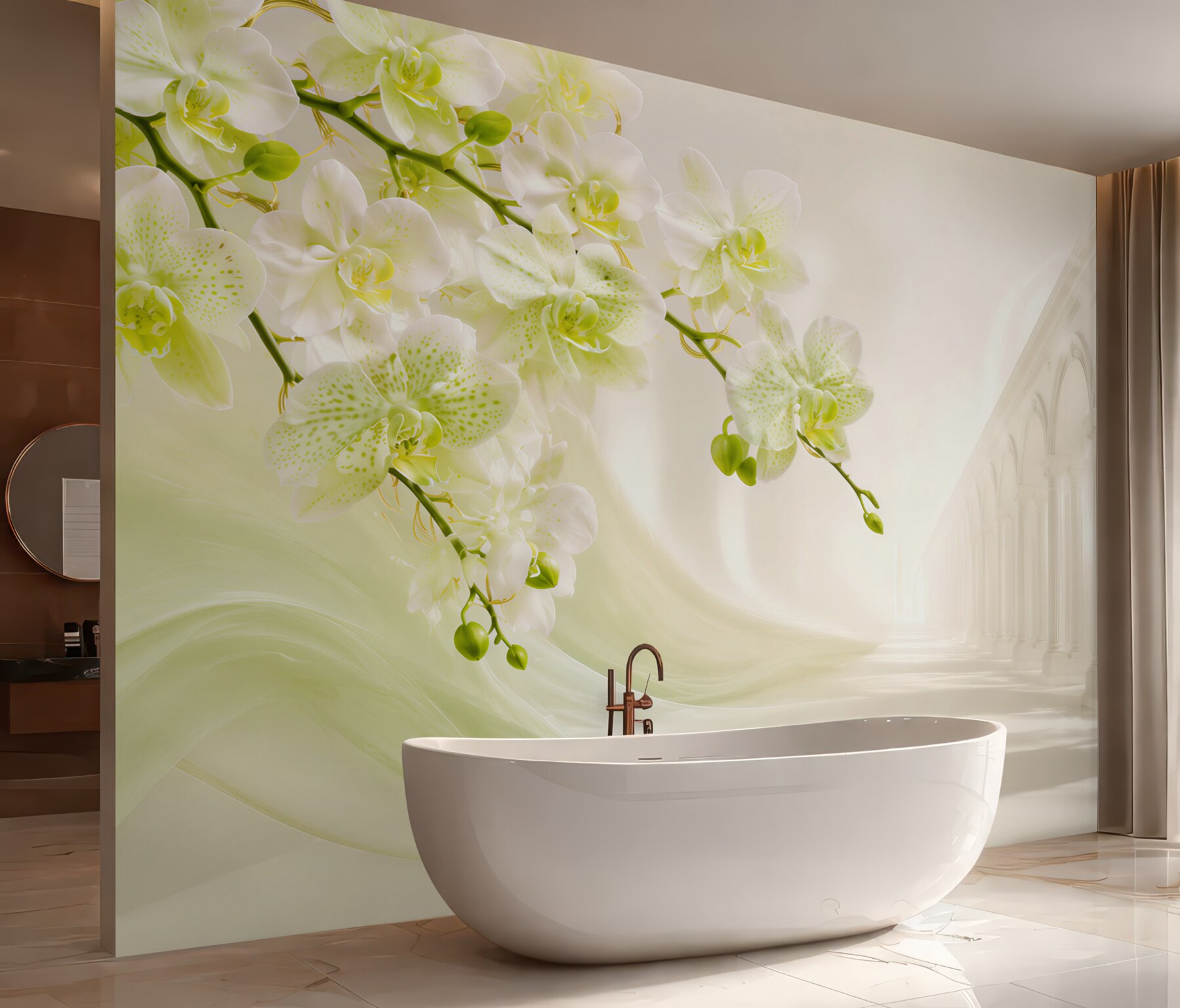 Fototapeta biało-zielone orchidee na tle białych kolumn?v23