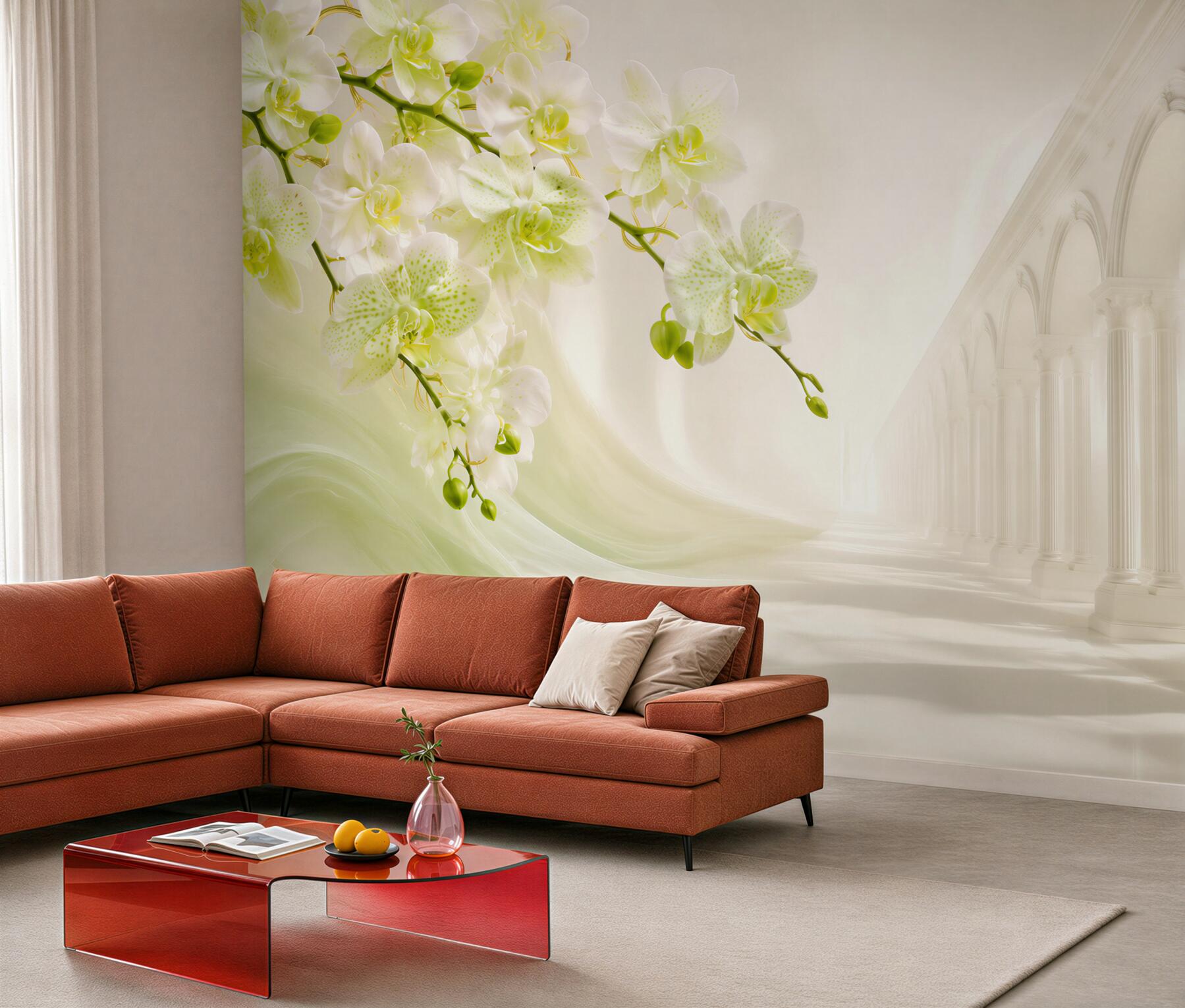 Fototapeta biało-zielone orchidee na tle białych kolumn?v23