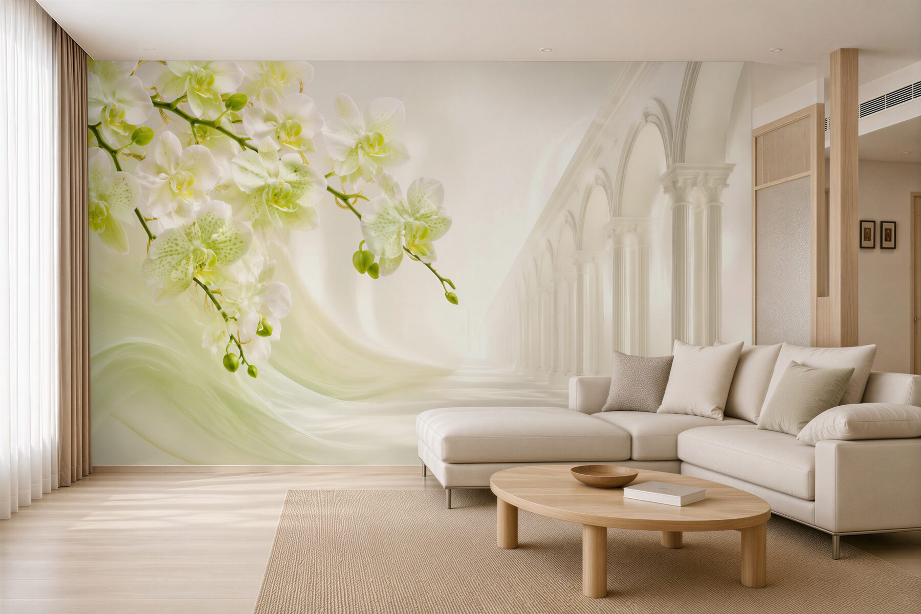 Fototapeta biało-zielone orchidee na tle białych kolumn?v23