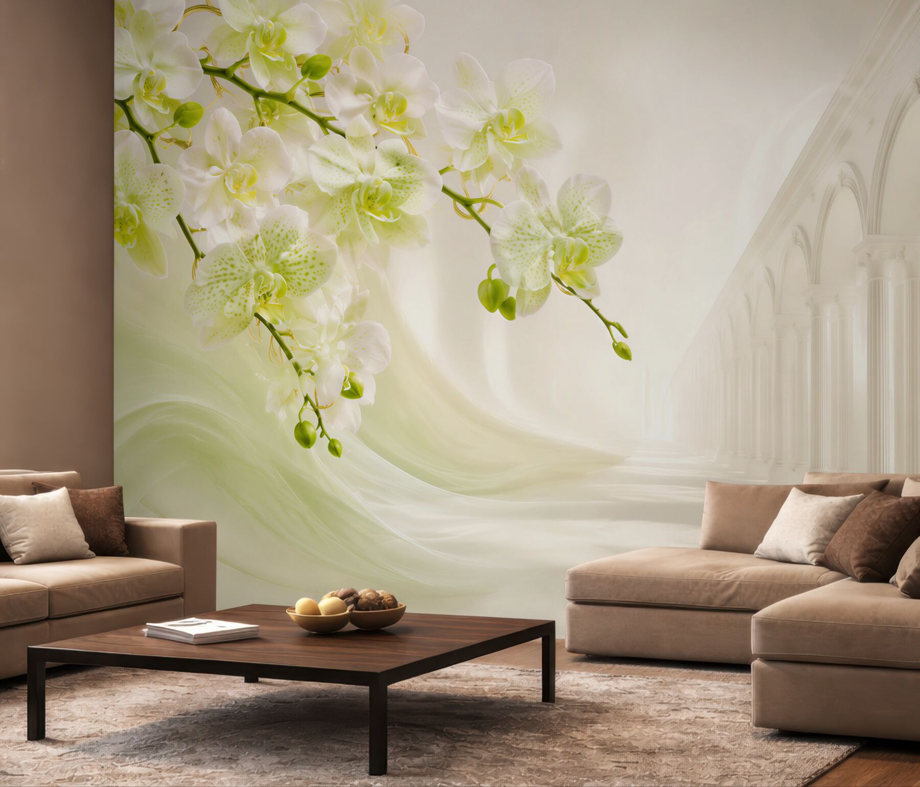 Fototapeta biało-zielone orchidee na tle białych kolumn?v23