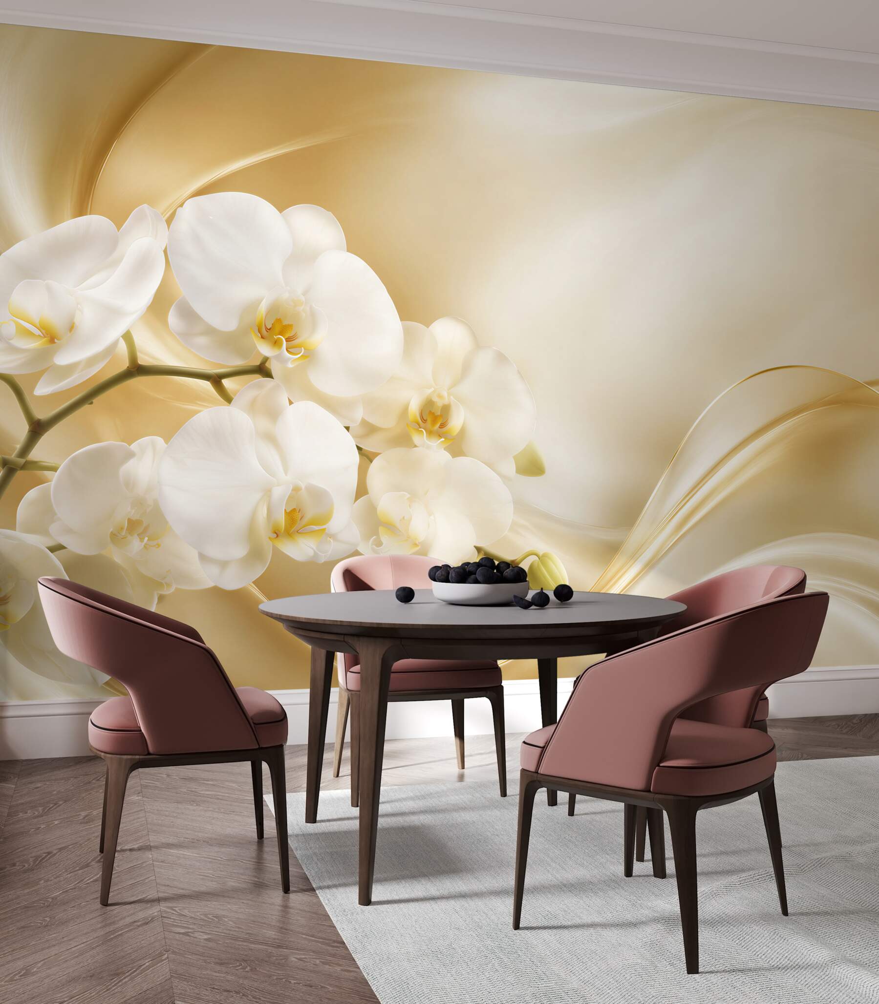 Fototapeta bujne białe orchidee na brązowym jedwabiu