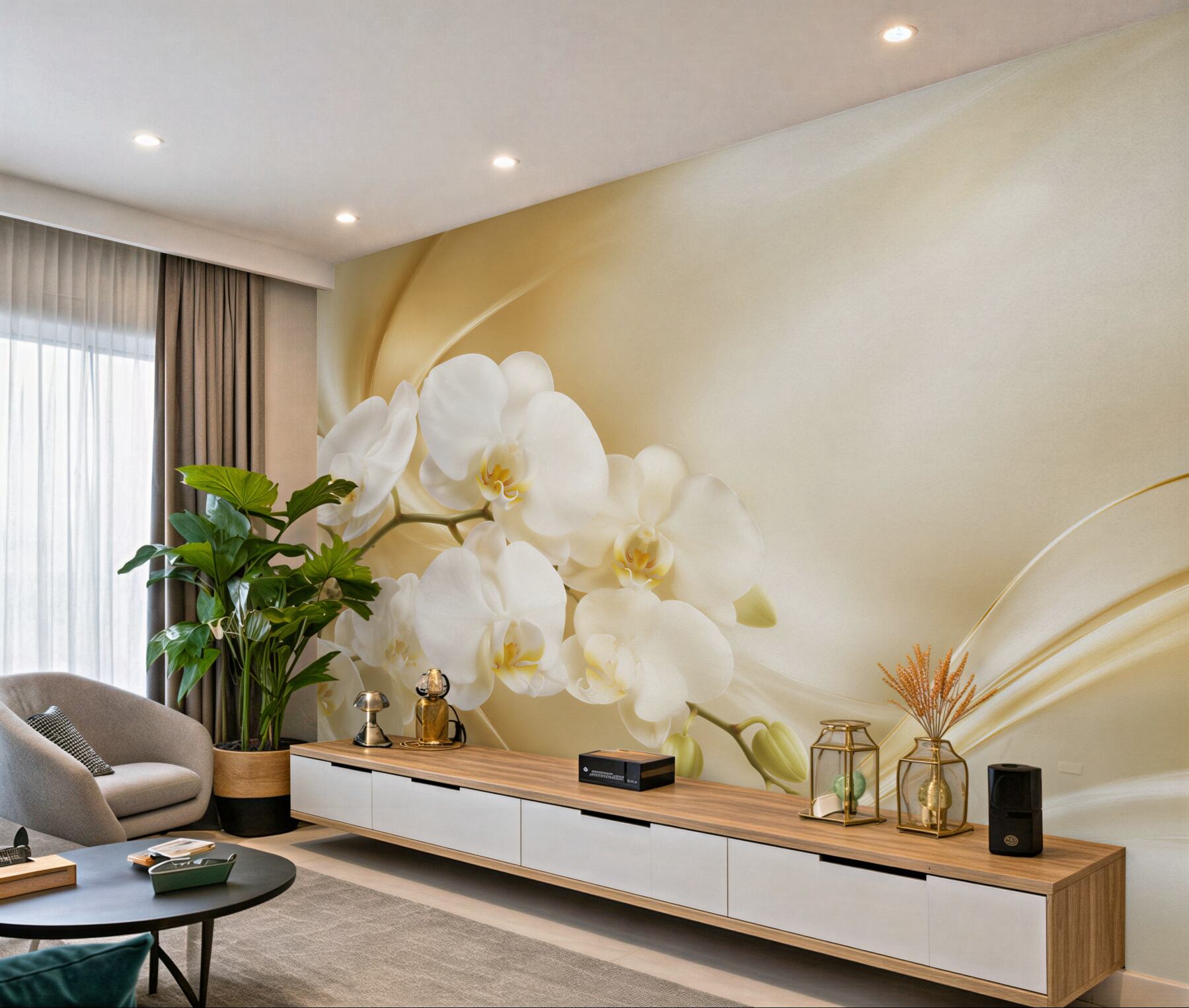 Fototapeta bujne białe orchidee na brązowym jedwabiu?v23