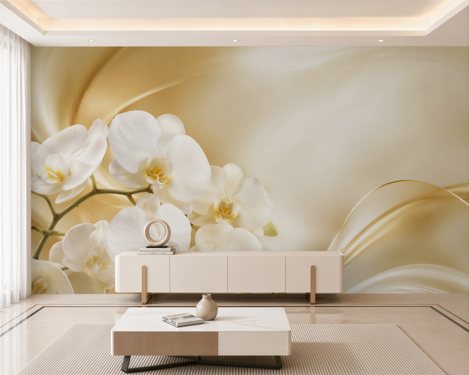 Fototapeta bujne białe orchidee na brązowym jedwabiu?v23