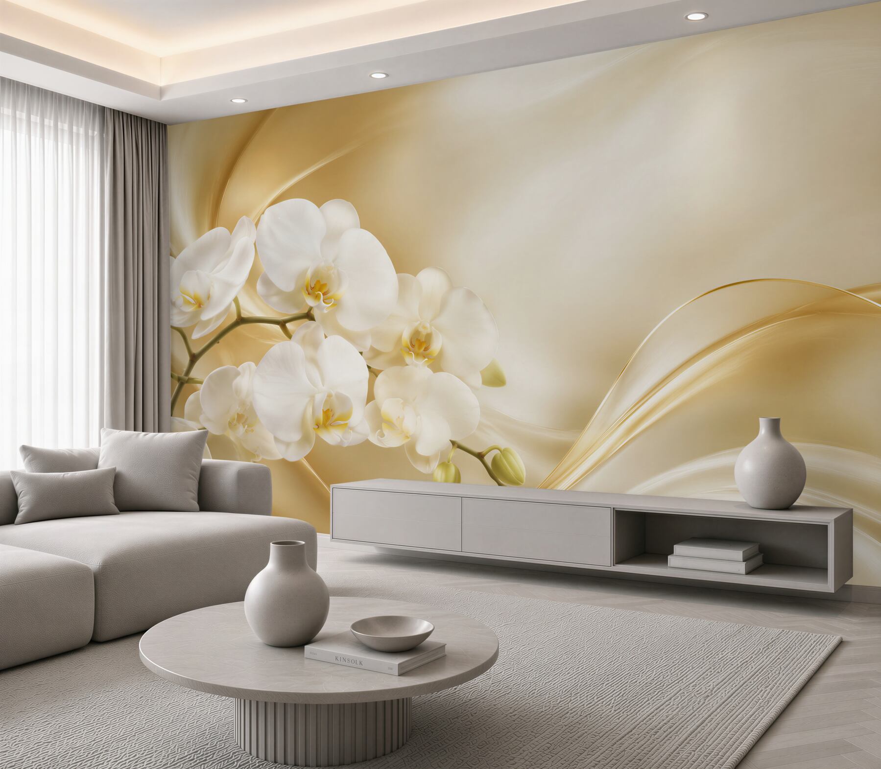 Fototapeta bujne białe orchidee na brązowym jedwabiu?v23