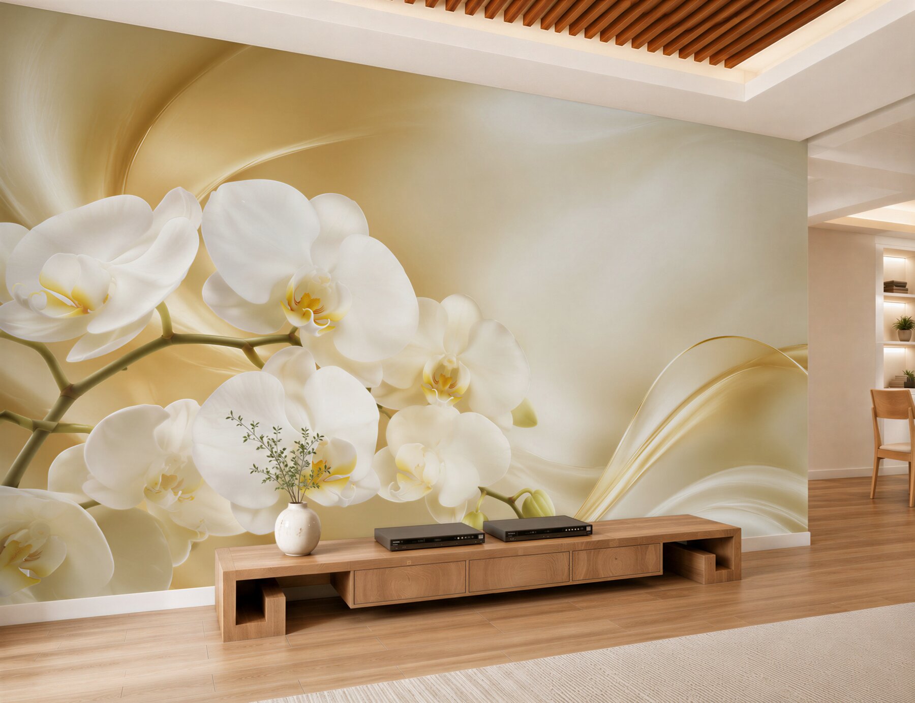 Fototapeta bujne białe orchidee na brązowym jedwabiu?v23