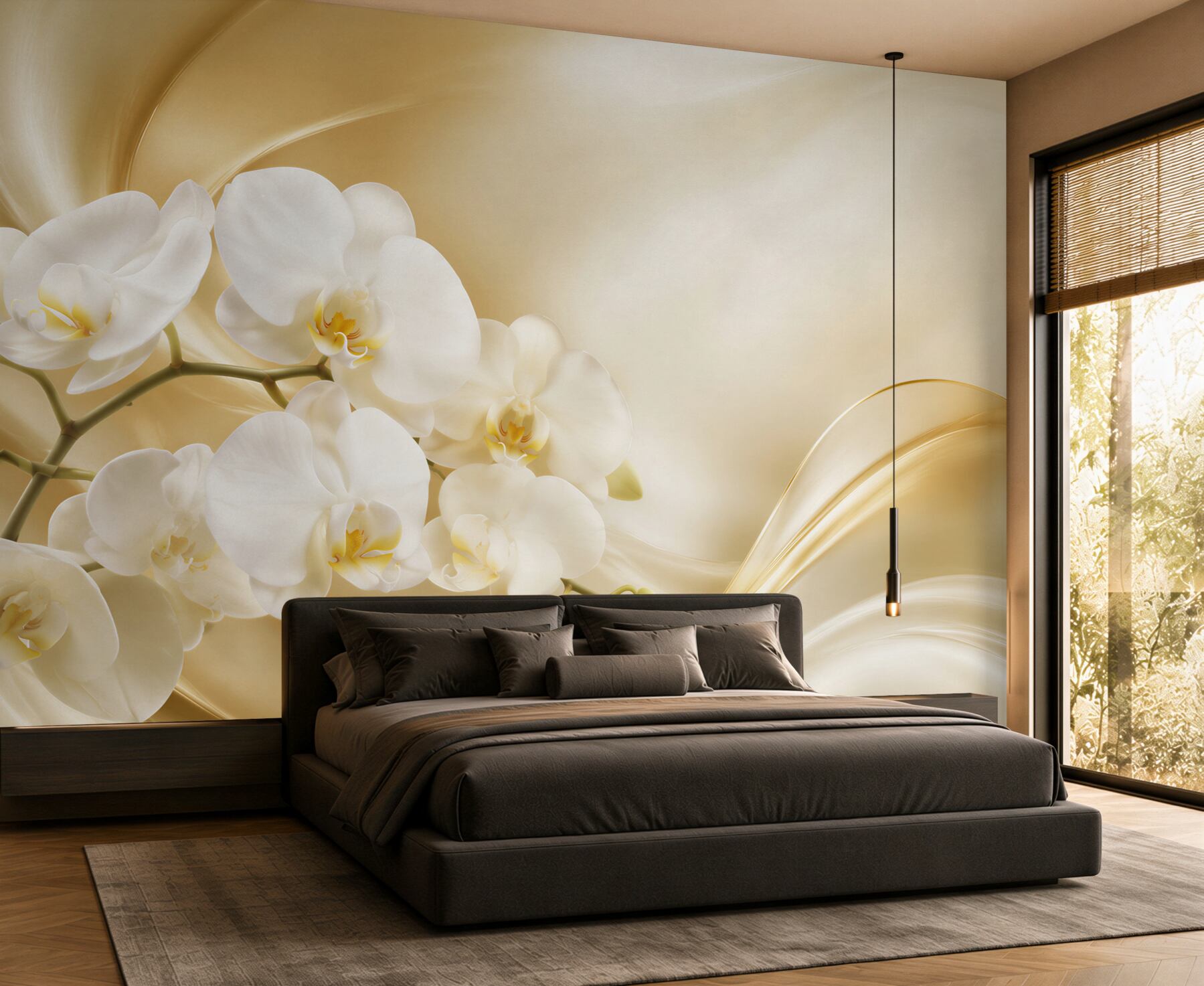 Fototapeta bujne białe orchidee na brązowym jedwabiu?v23