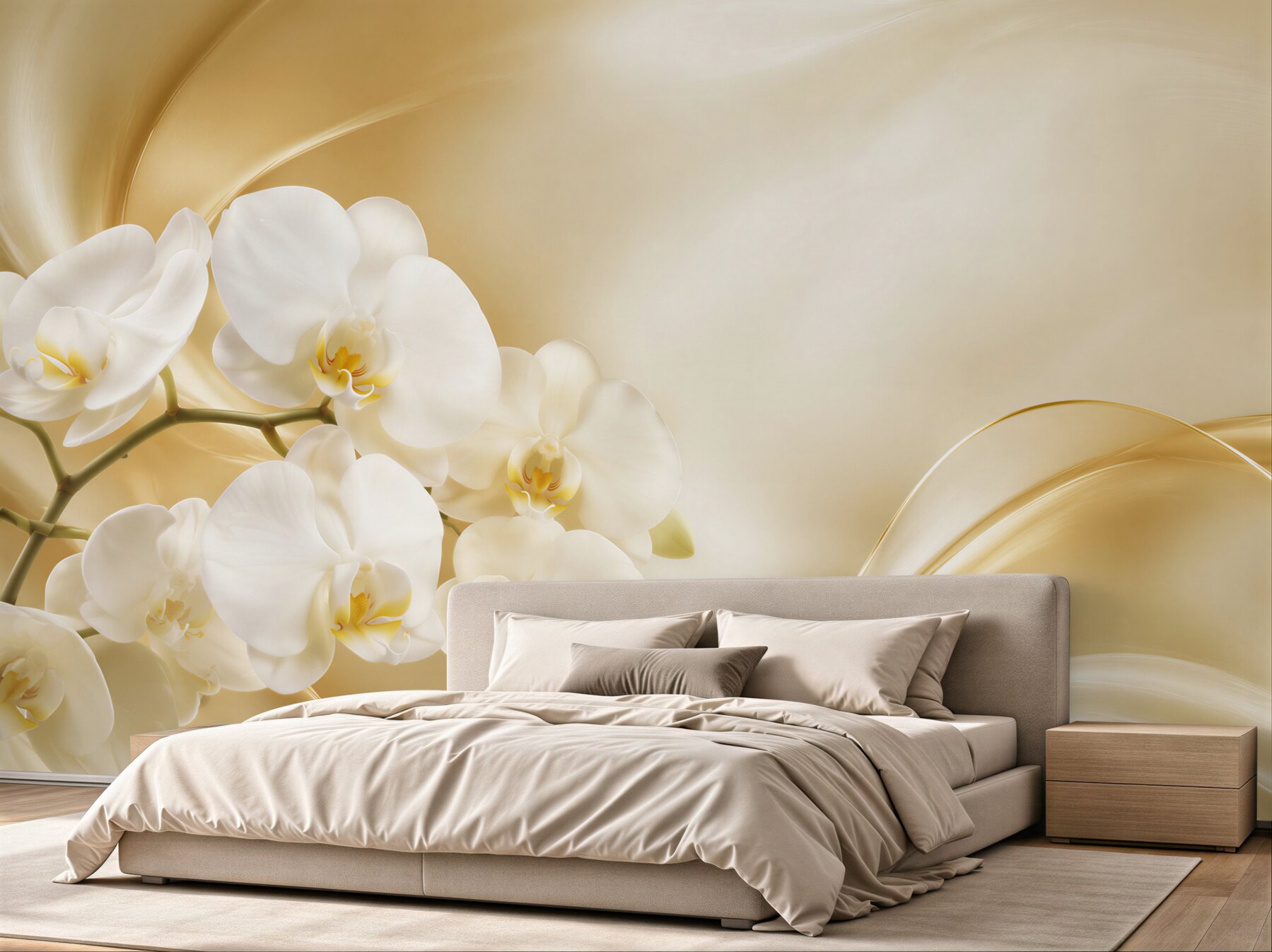 Fototapeta bujne białe orchidee na brązowym jedwabiu?v23