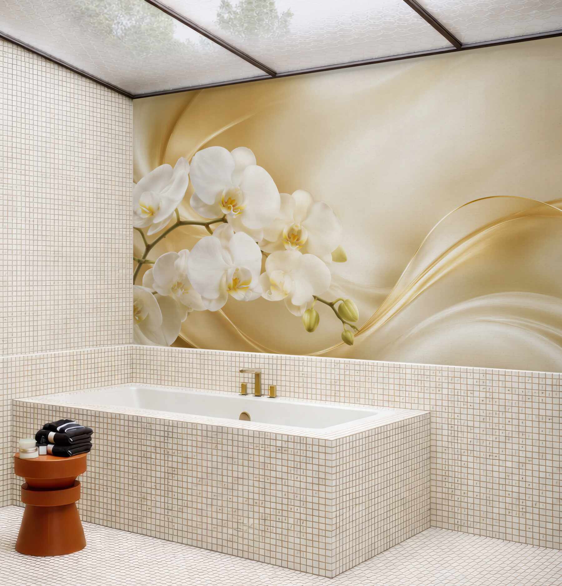 Fototapeta bujne białe orchidee na brązowym jedwabiu?v23