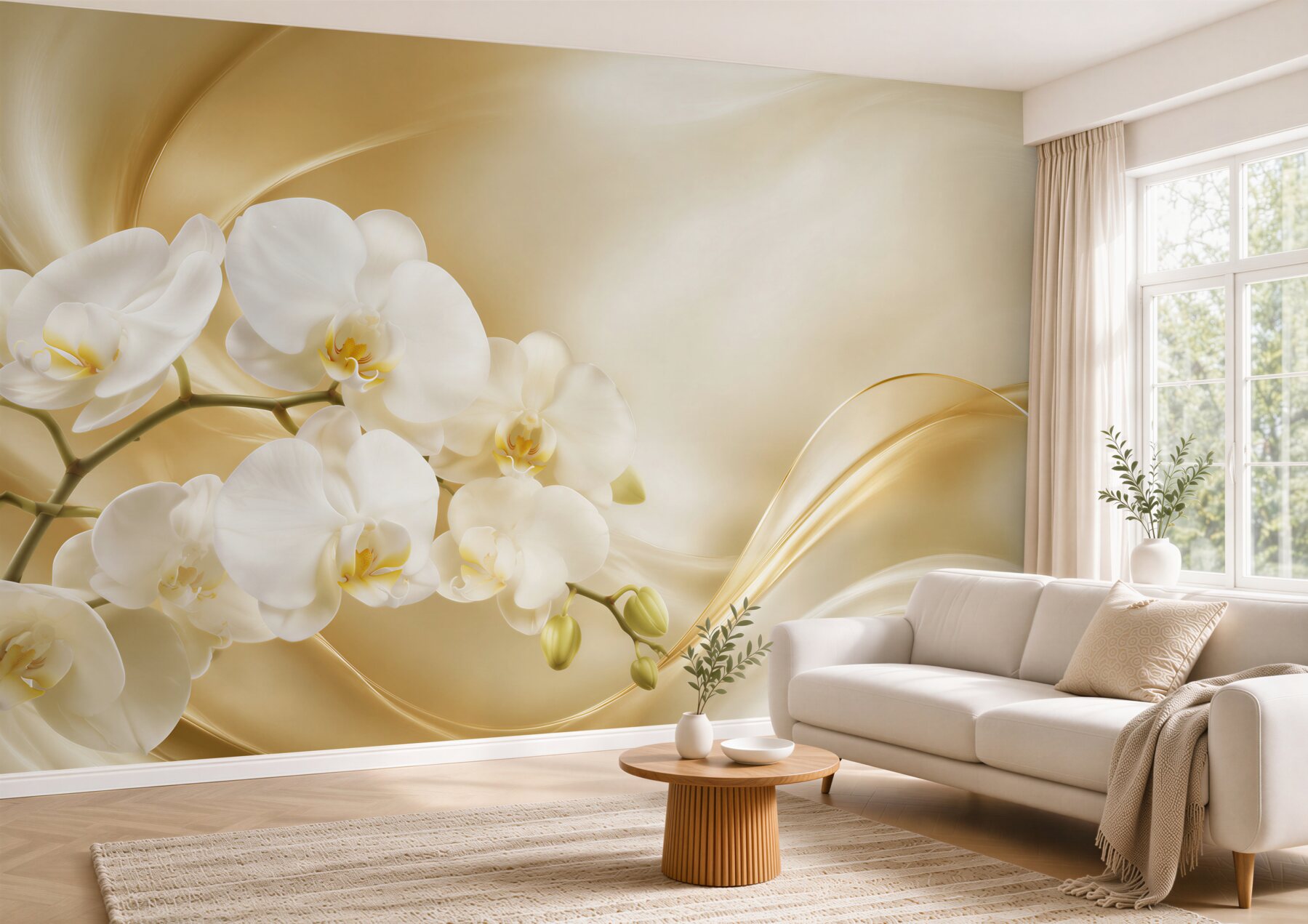 Fototapeta bujne białe orchidee na brązowym jedwabiu?v23