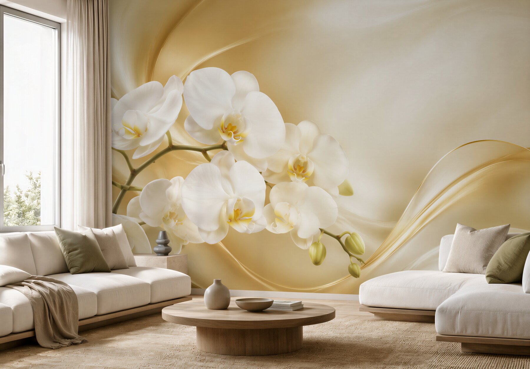 Fototapeta bujne białe orchidee na brązowym jedwabiu?v23