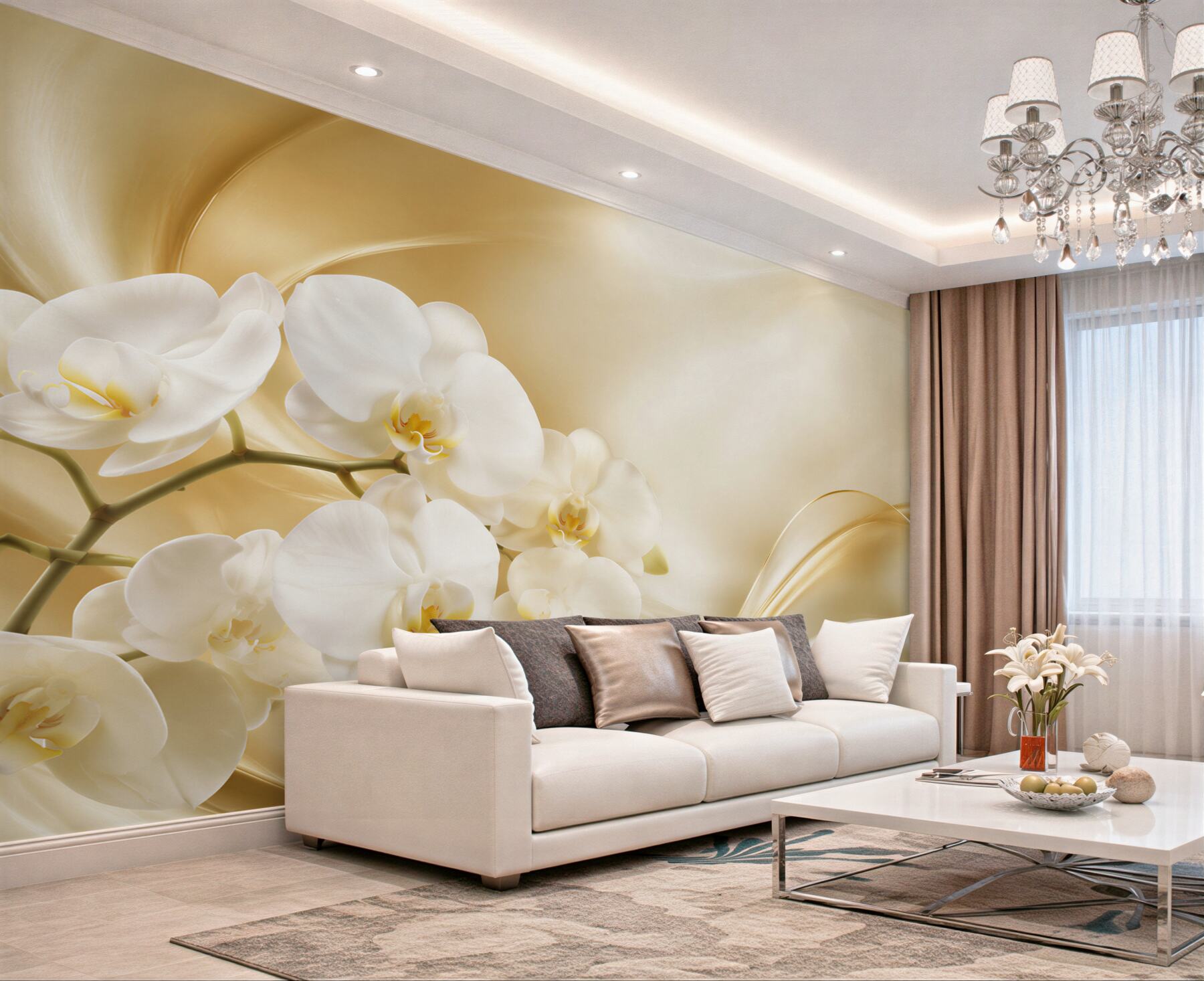 Fototapeta bujne białe orchidee na brązowym jedwabiu?v23