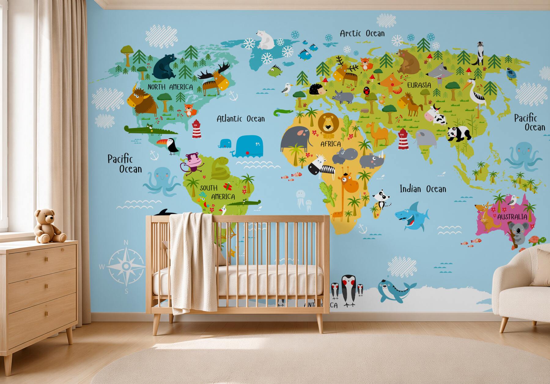Fototapeta mapa świata dla dzieci ze zwierzętami