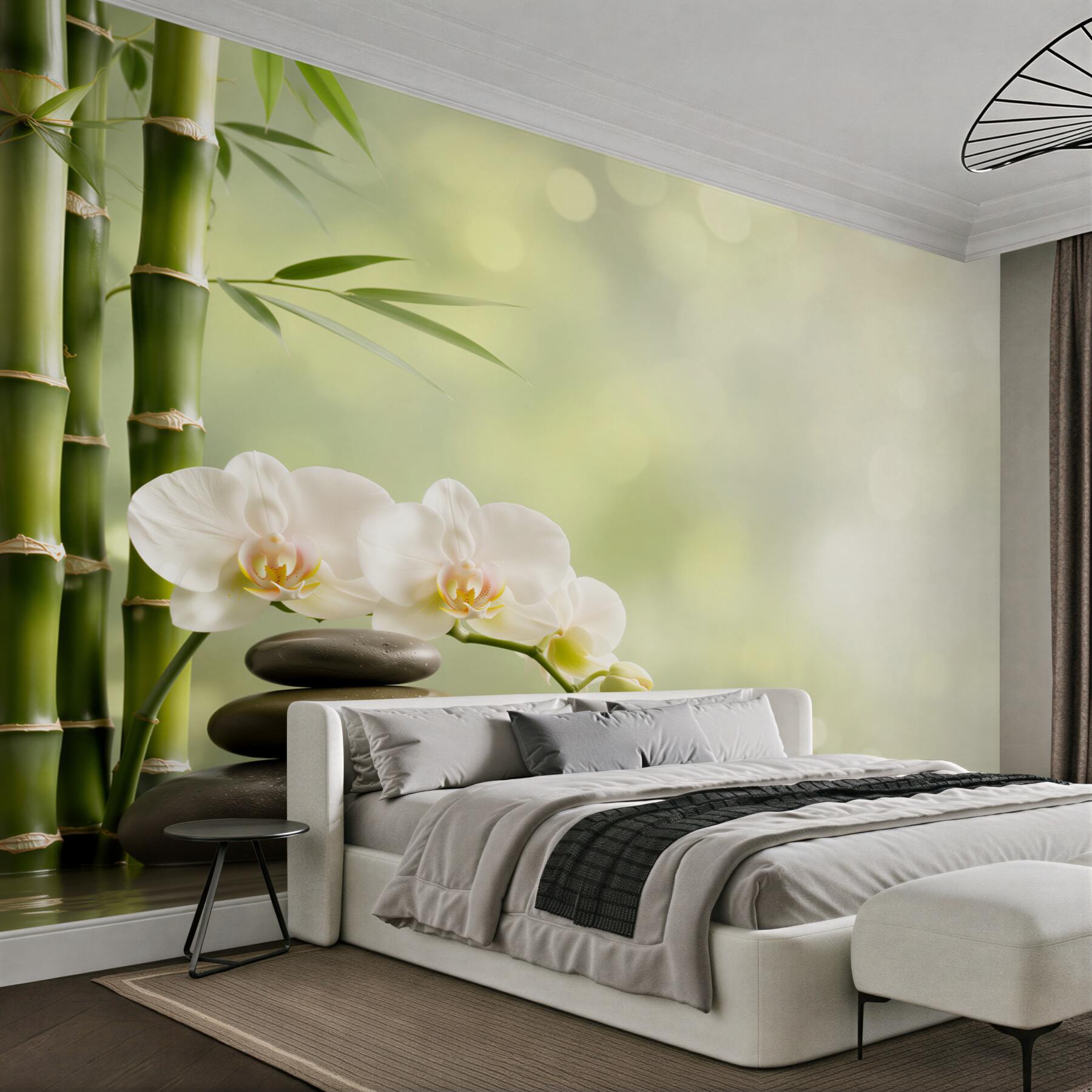 Fototapeta kamienie bambusowe i biała orchidea?v23