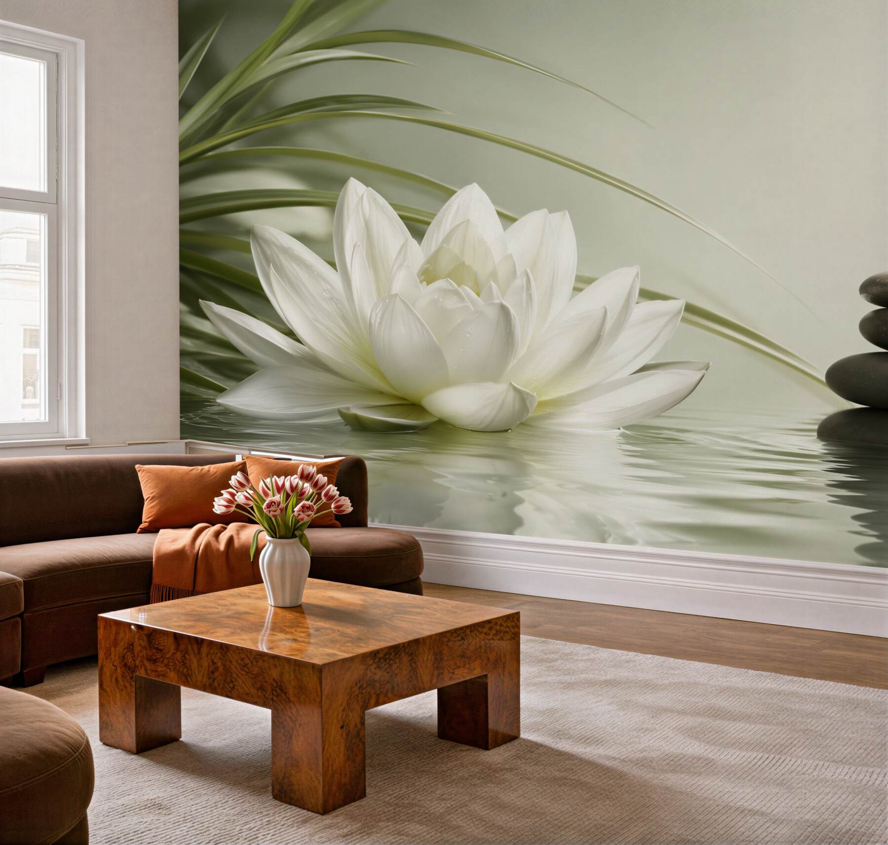 Fototapeta białe lilie wodne i szare kamienie na wodzie?v23
