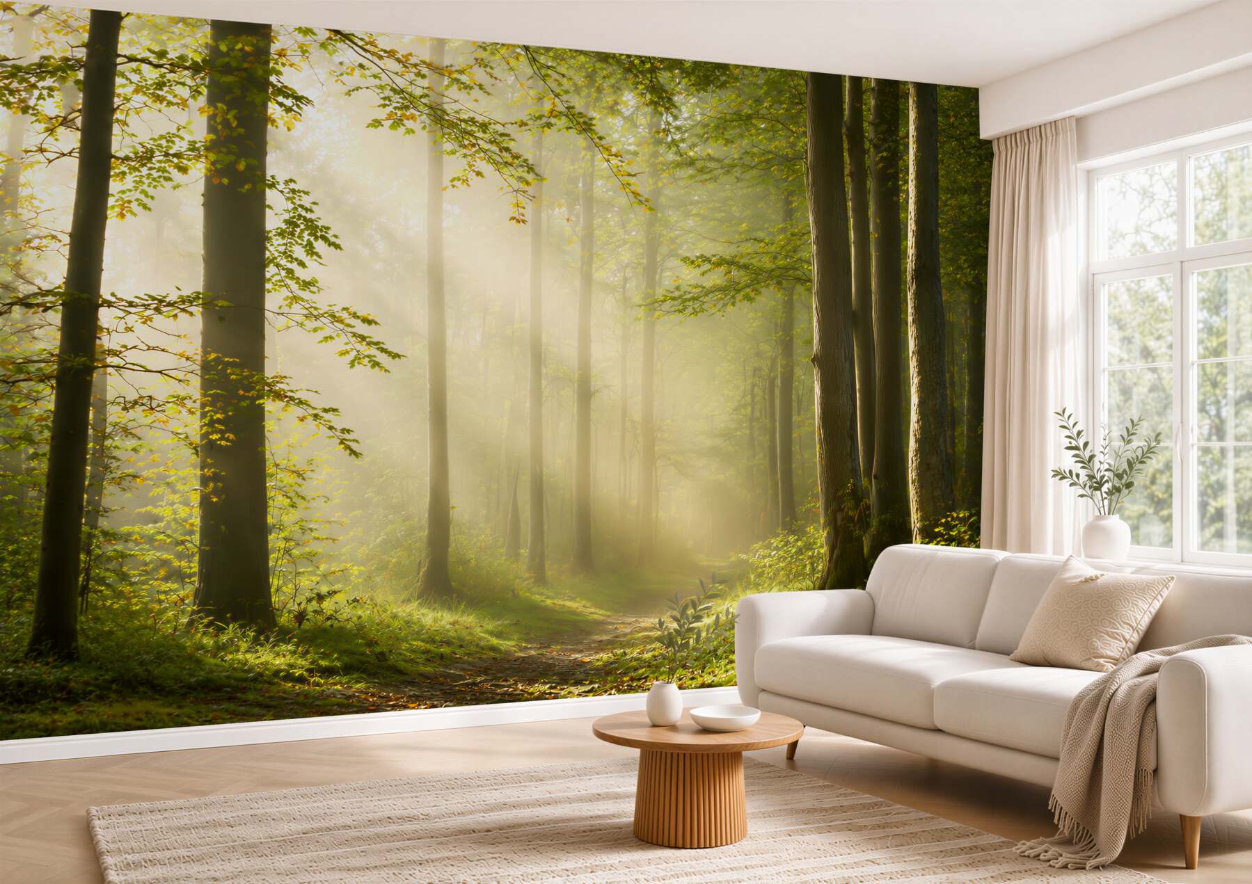 Fototapeta promienie porannego słońca przebijają się przez leśną mgłę?v23