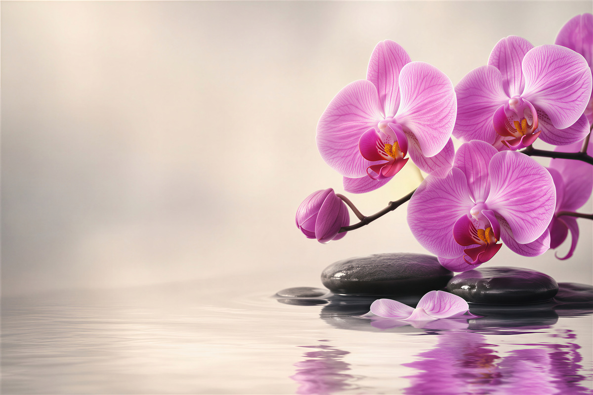 Fototapeta fioletowe orchidee na wodzie w pobliżu kamieni