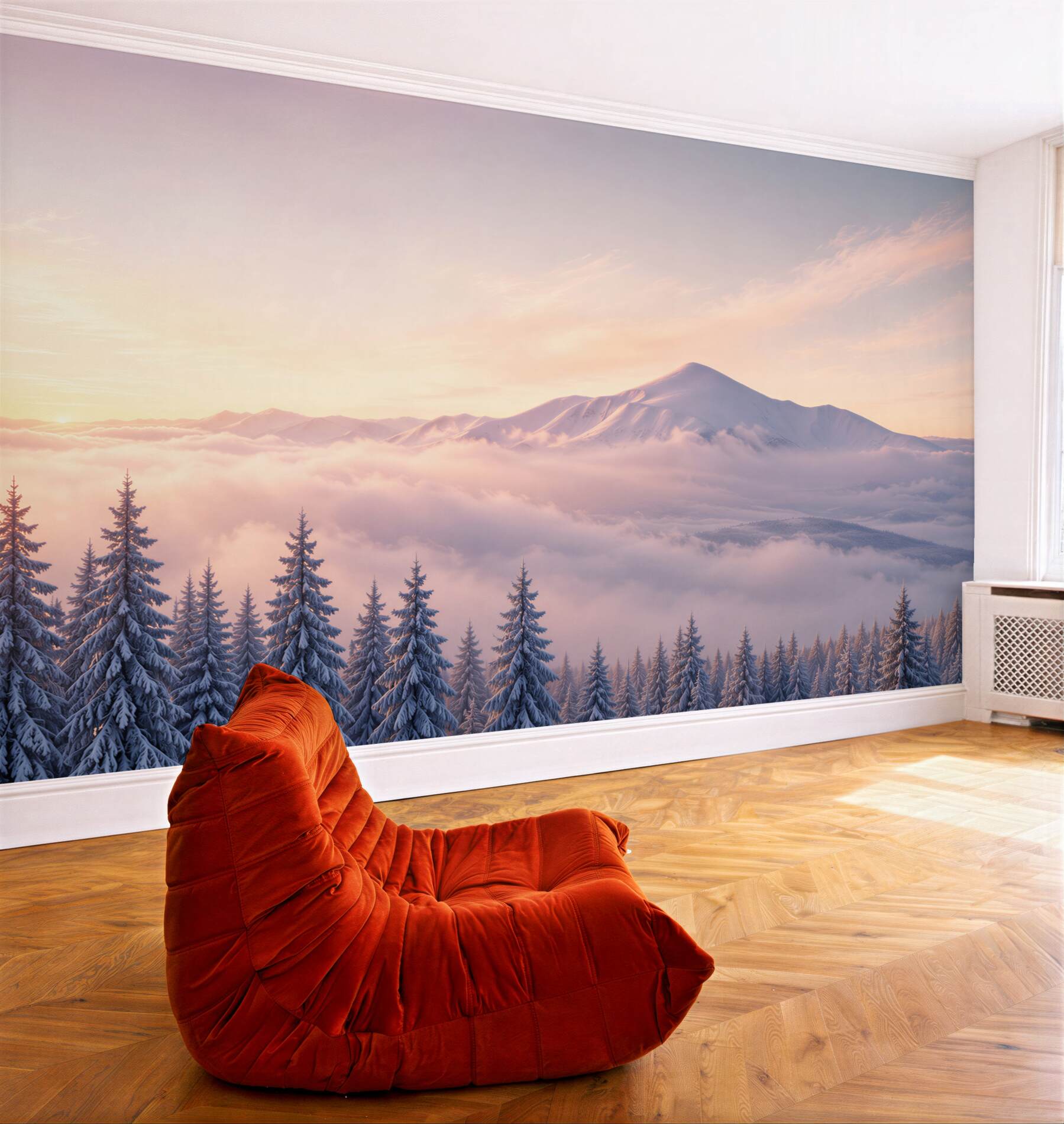 Fototapeta zimny różowy zachód słońca z mgłą w górach?v23
