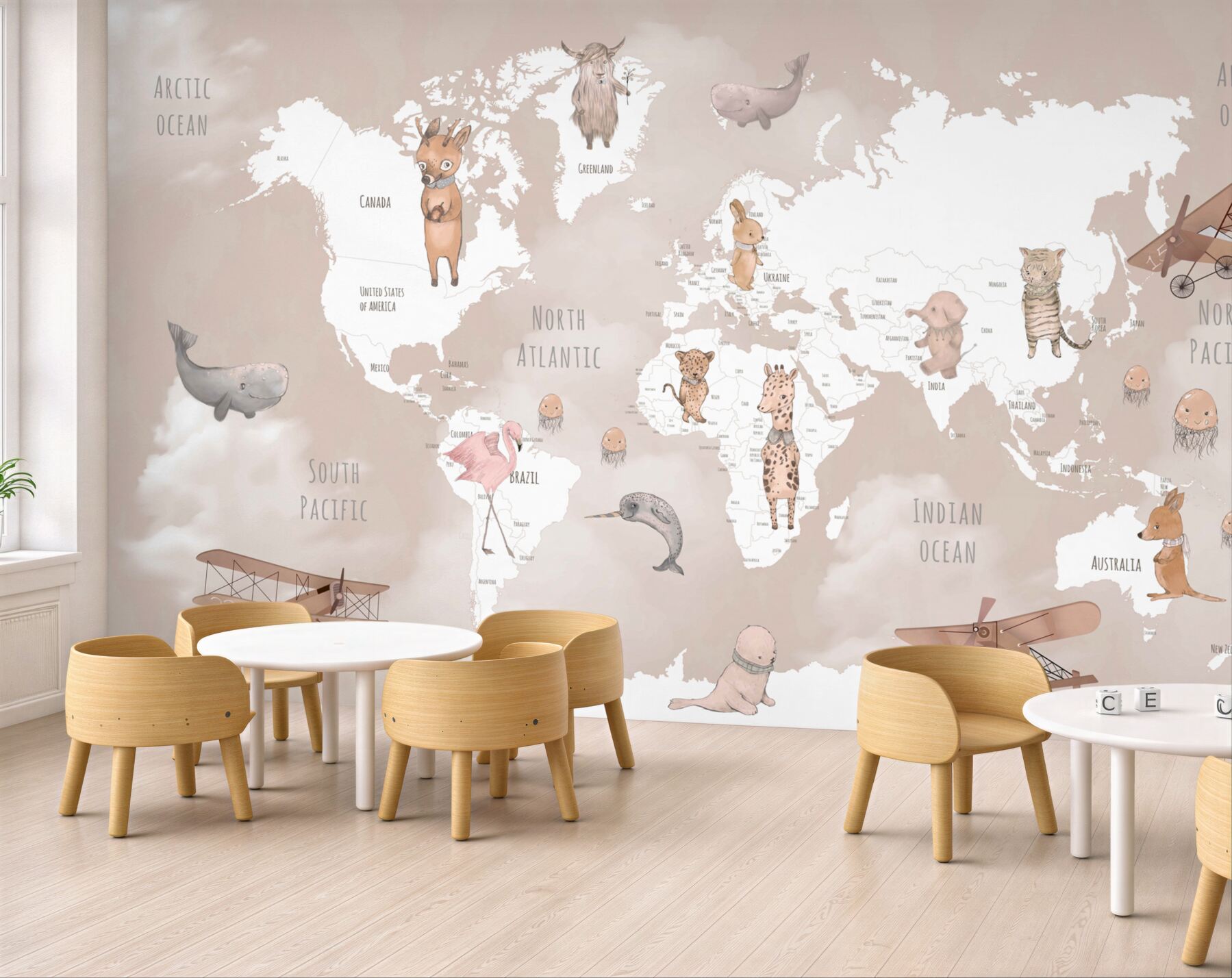 Fototapeta mapa świata ze zwierzętami i samolotami?v23