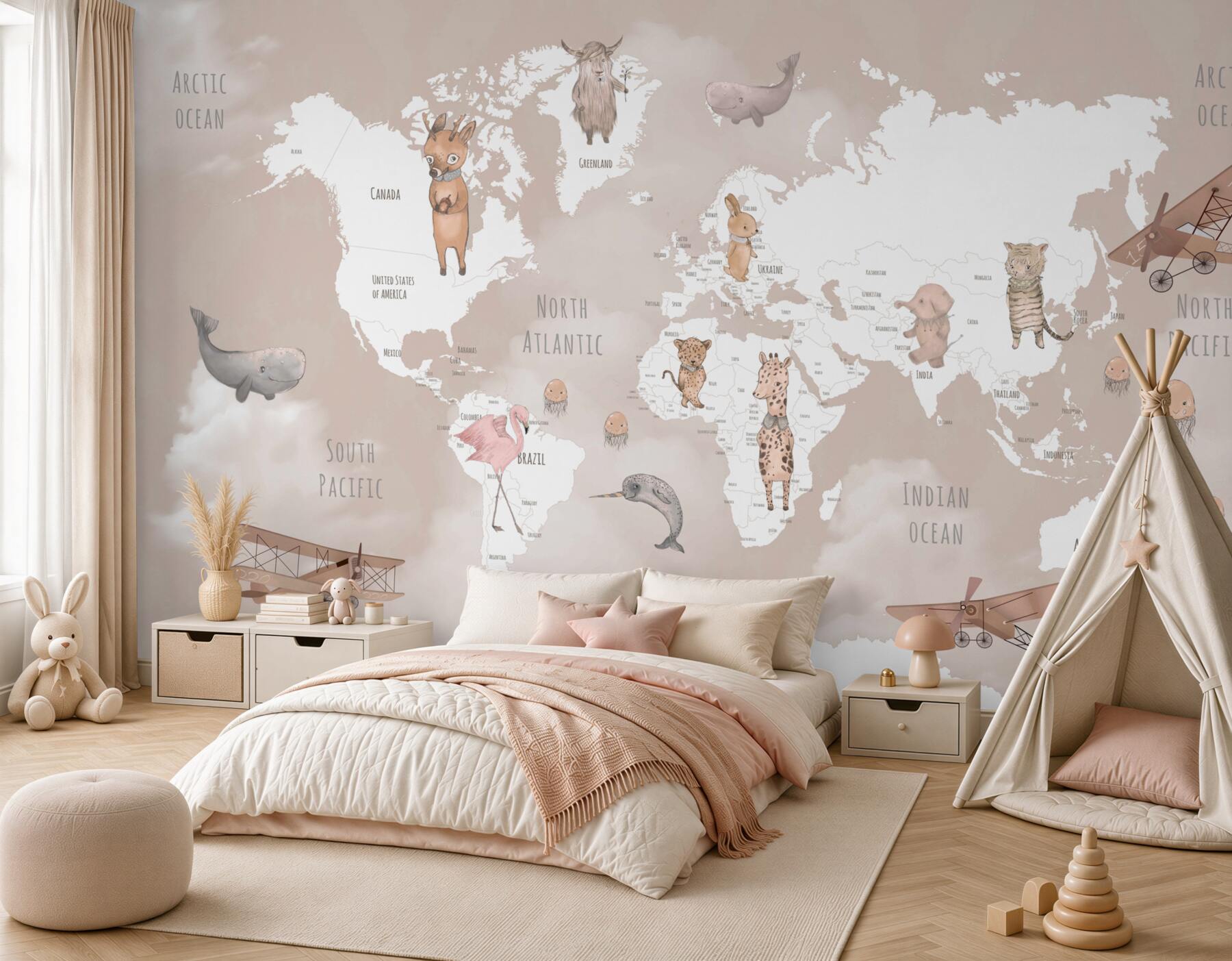 Fototapeta mapa świata ze zwierzętami i samolotami?v23