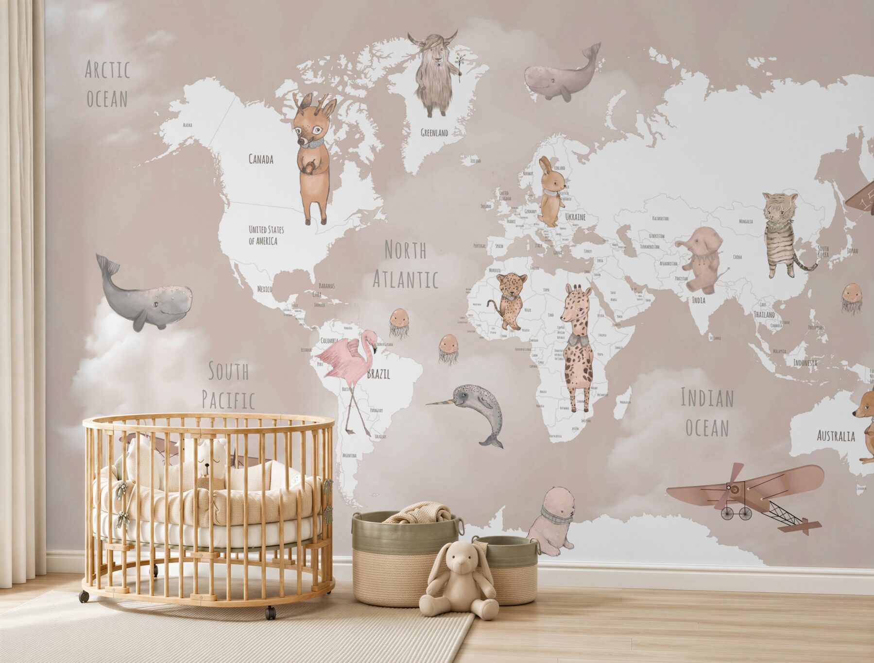 Fototapeta mapa świata ze zwierzętami i samolotami