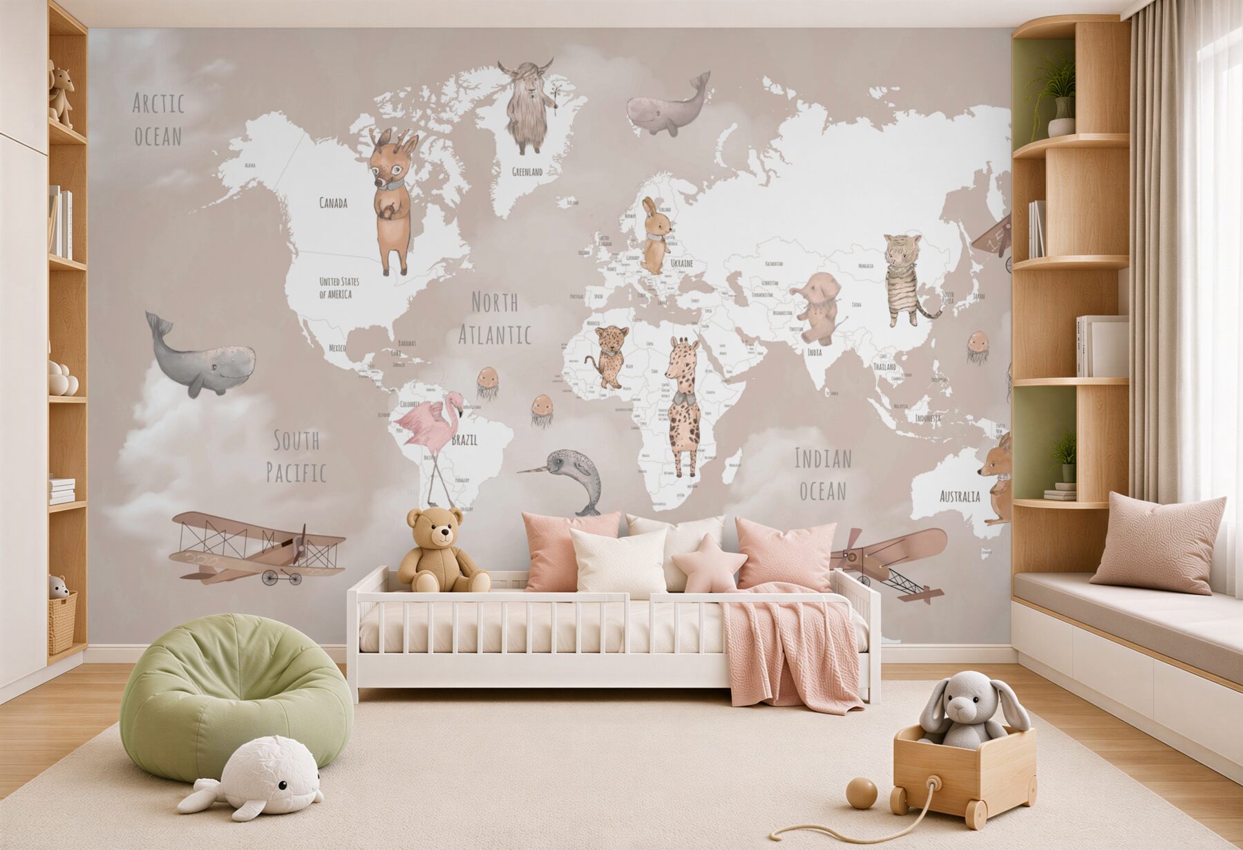Fototapeta mapa świata ze zwierzętami i samolotami?v23