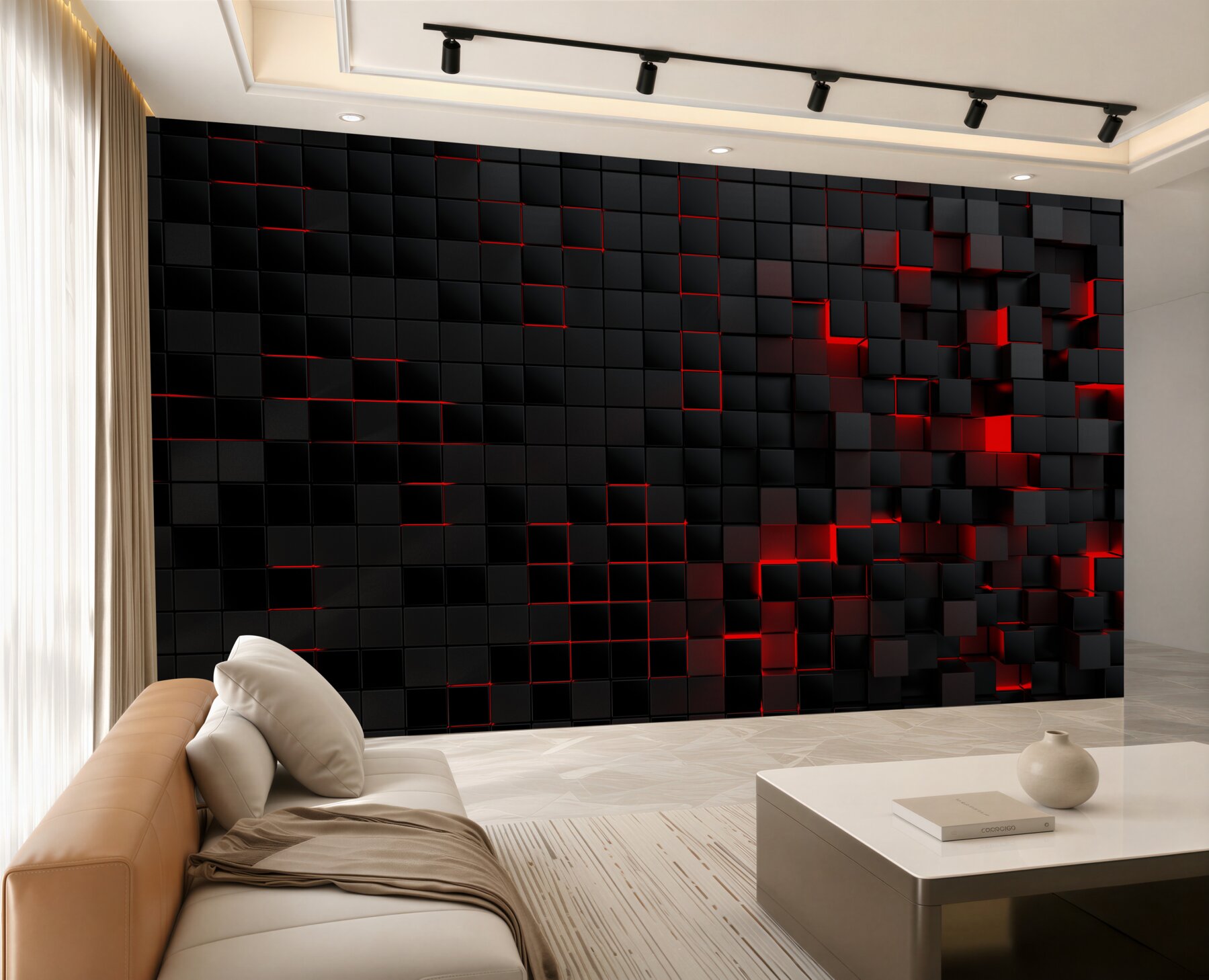 Fototapeta czarna teksturowana ściana składająca się z kwadratów z czerwonym światłem?v23
