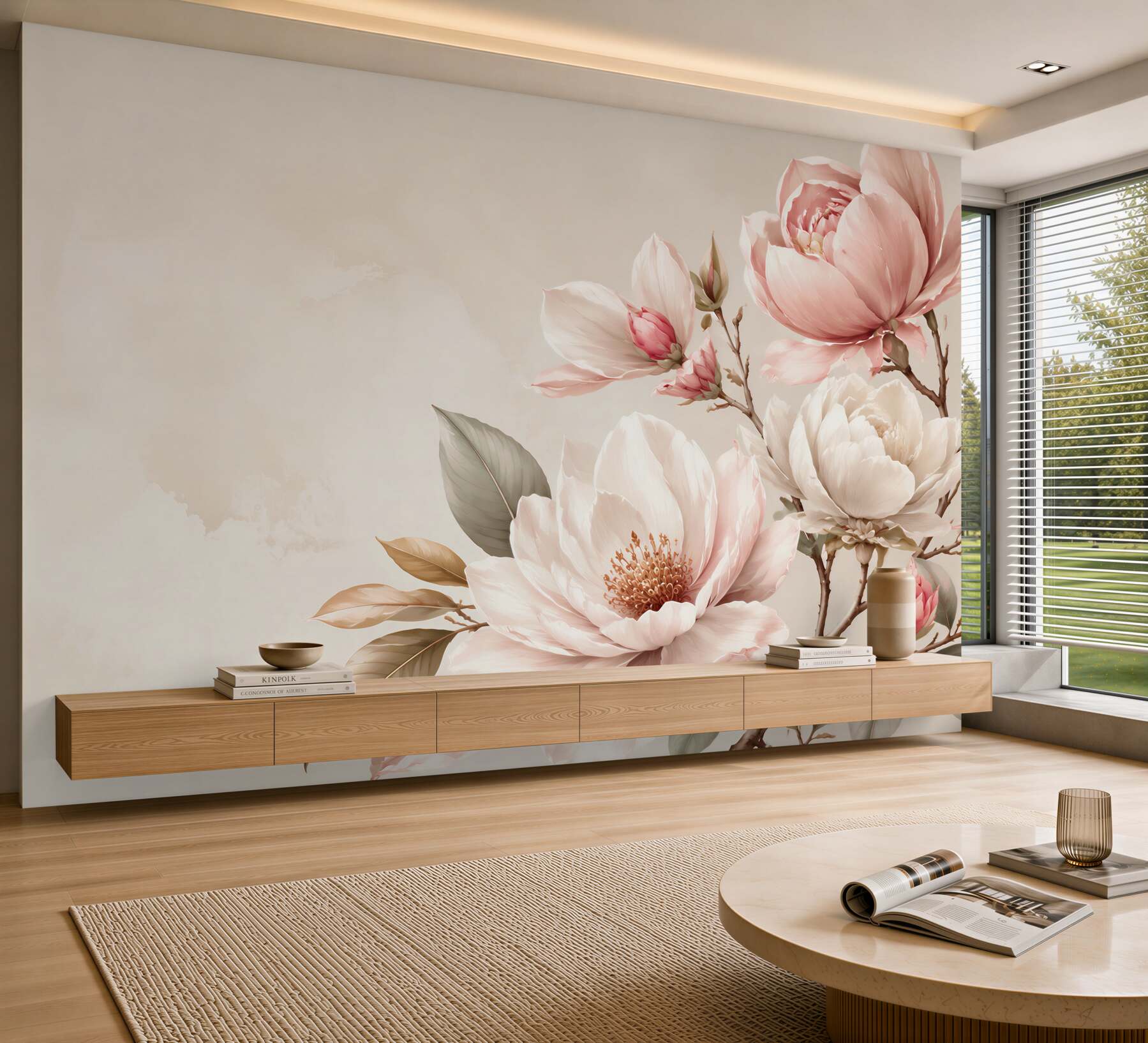 Fototapeta białe i czerwone kwiaty magnolii na gałęziach?v23