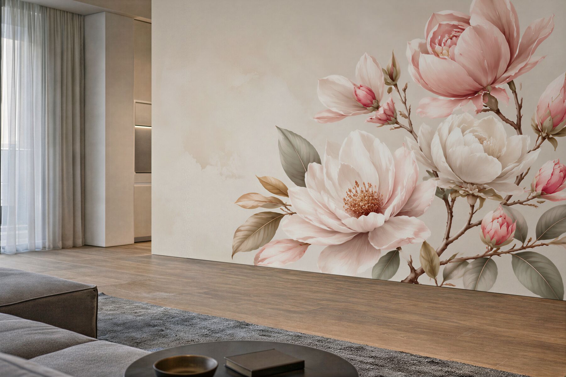 Fototapeta białe i czerwone kwiaty magnolii na gałęziach?v23