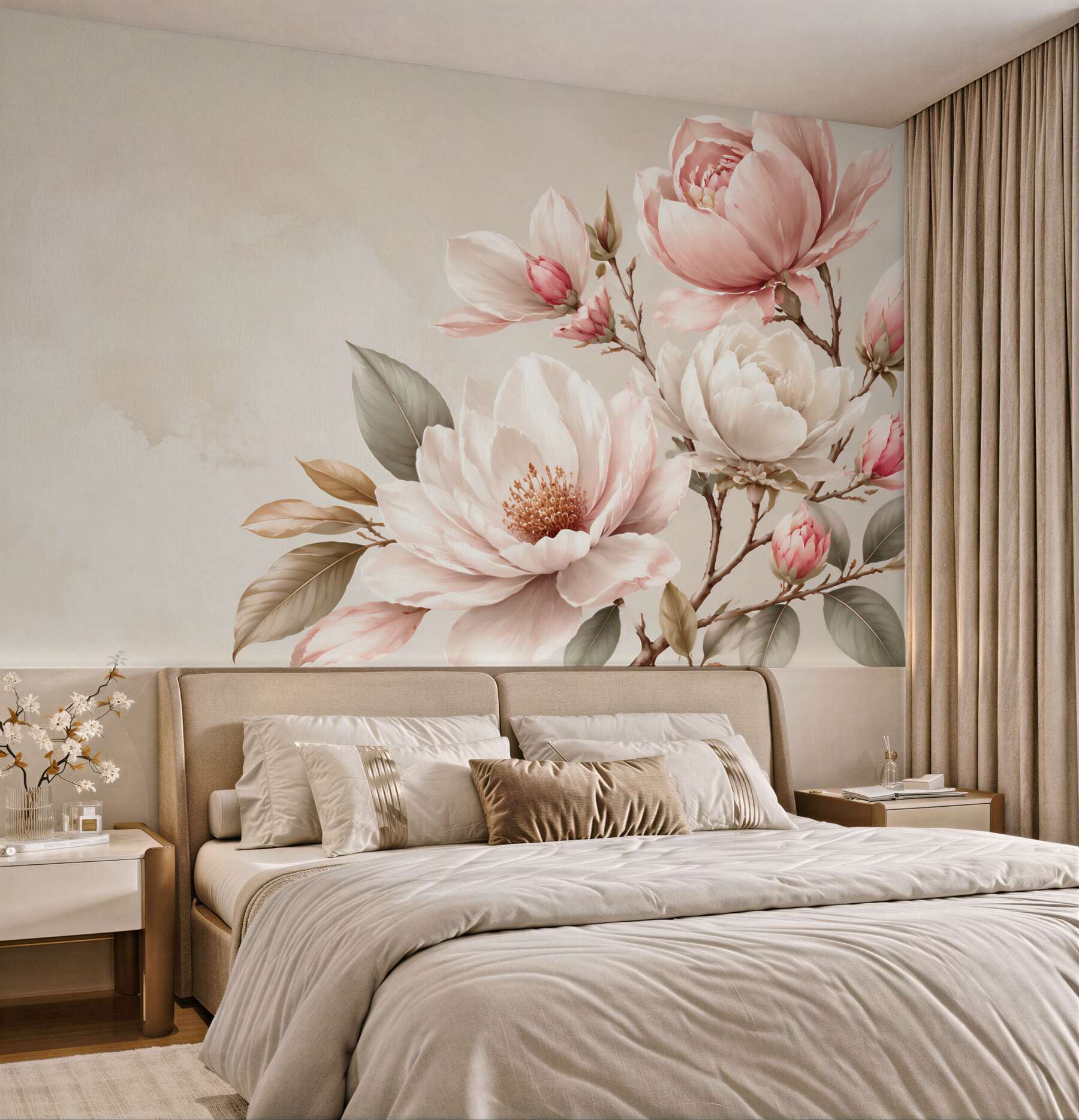 Fototapeta białe i czerwone kwiaty magnolii na gałęziach?v23