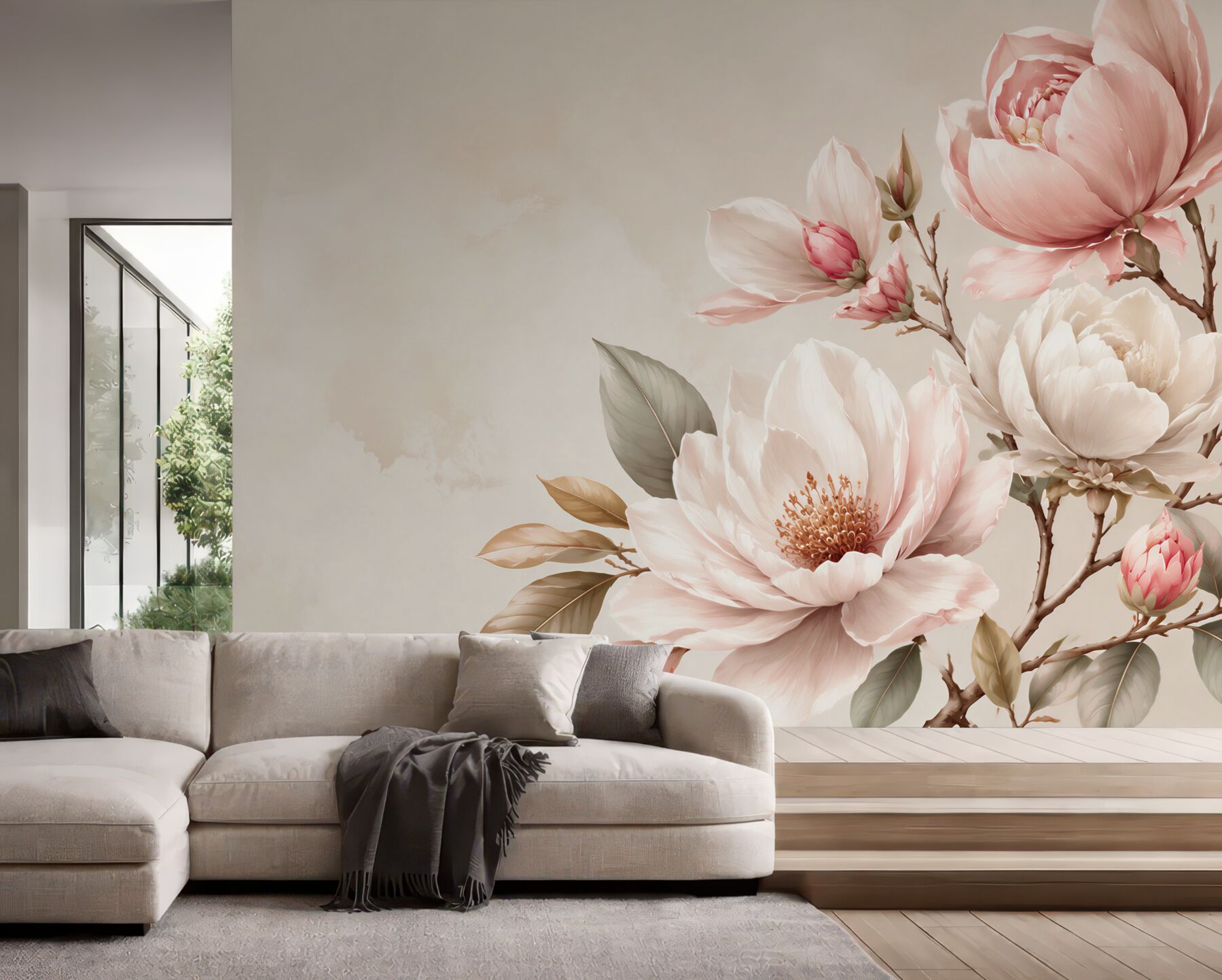 Fototapeta białe i czerwone kwiaty magnolii na gałęziach?v23