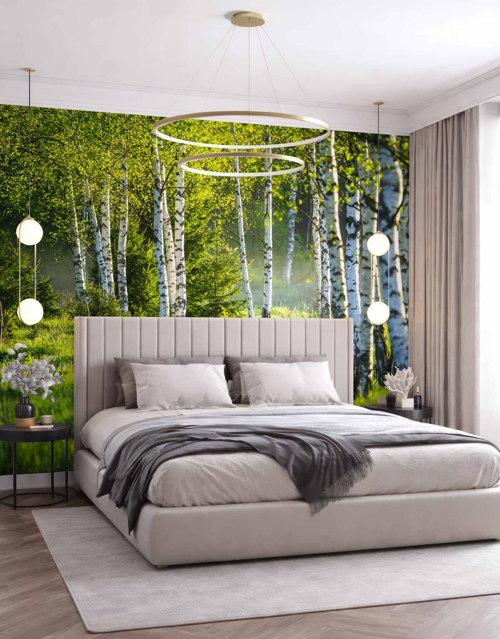 Fototapeta zielone łąki z smukłymi brzozami?v23
