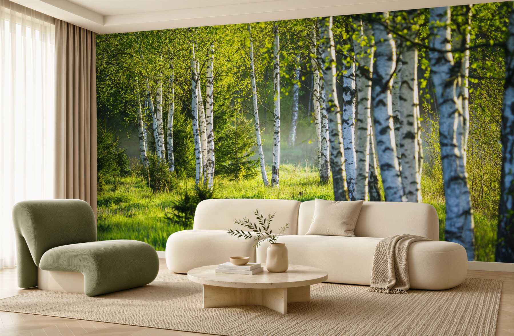 Fototapeta zielone łąki z smukłymi brzozami?v23