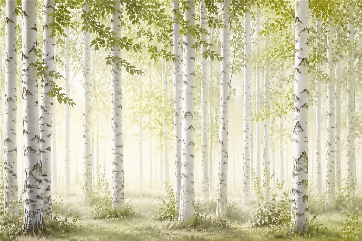 Fototapeta jasnozielone liście smukłych brzoz